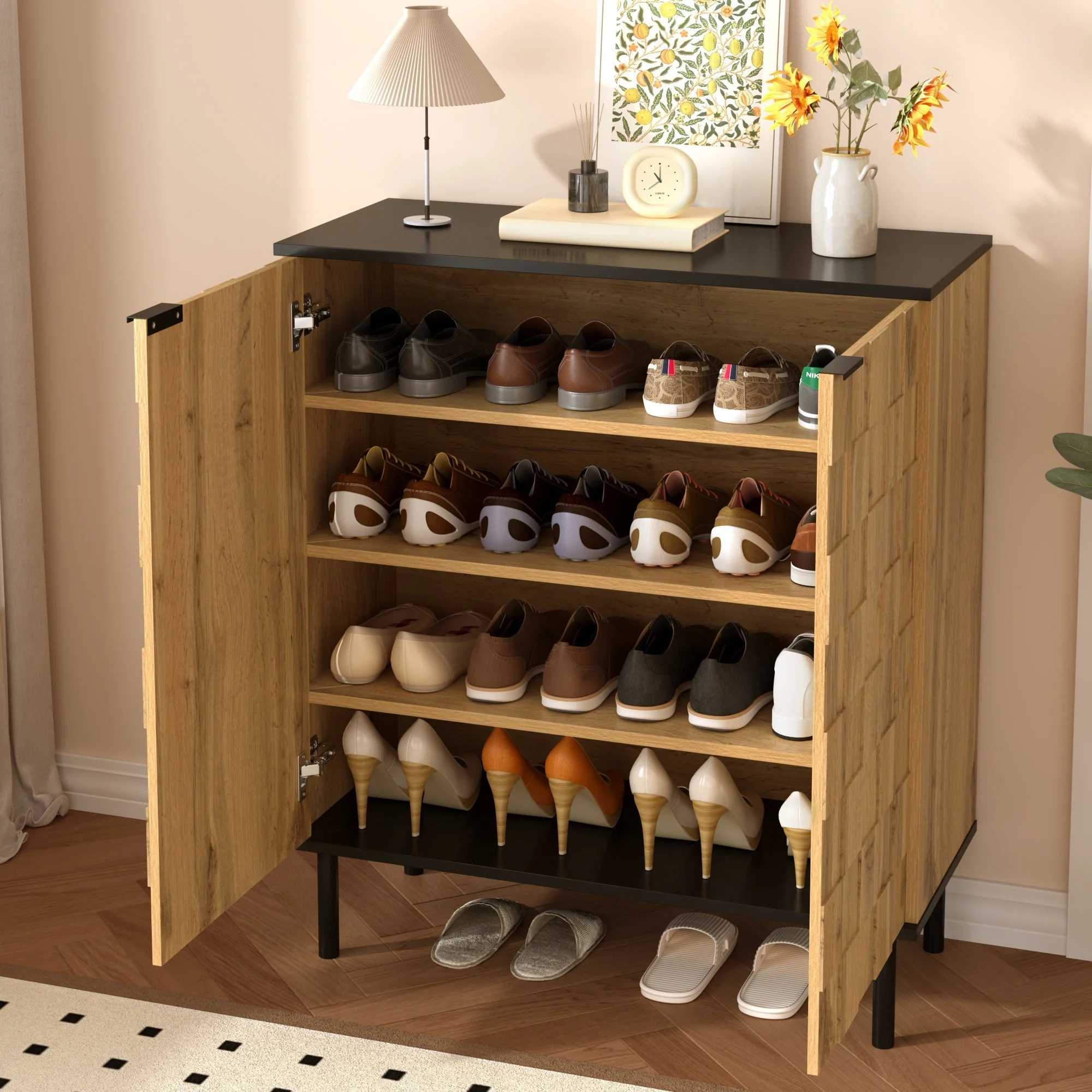 Mosaic Shoe Cabinet with 2 Doors and Adjustable Compartments, Wood Look Chipboard - Image 8