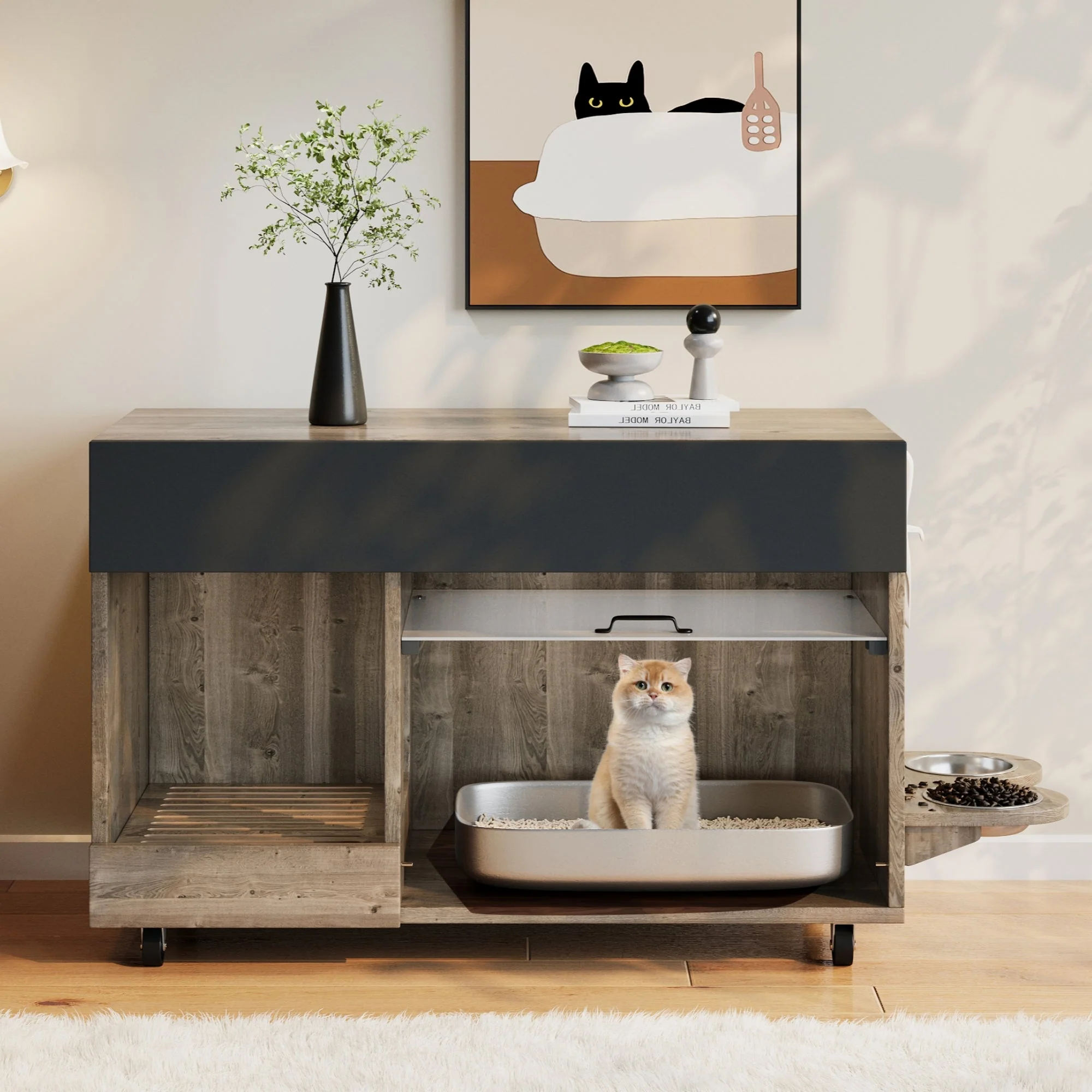Movable Cat Litter Box Cabinet Food Bowls Sand Tray Pegboard 100x45.5x67cm - Oak