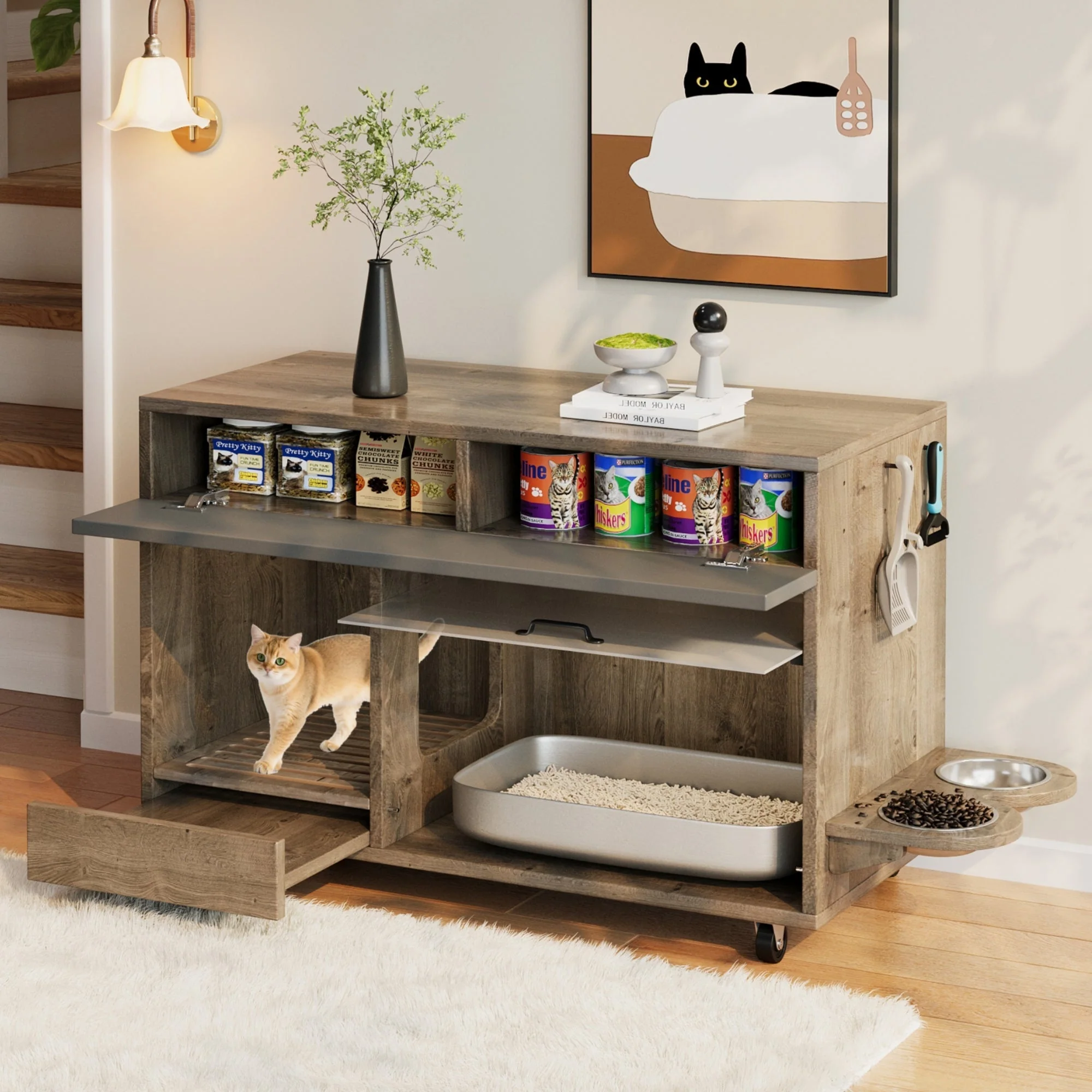Movable Cat Litter Box Cabinet Food Bowls Sand Tray Pegboard 100x45.5x67cm - Oak - Image 2