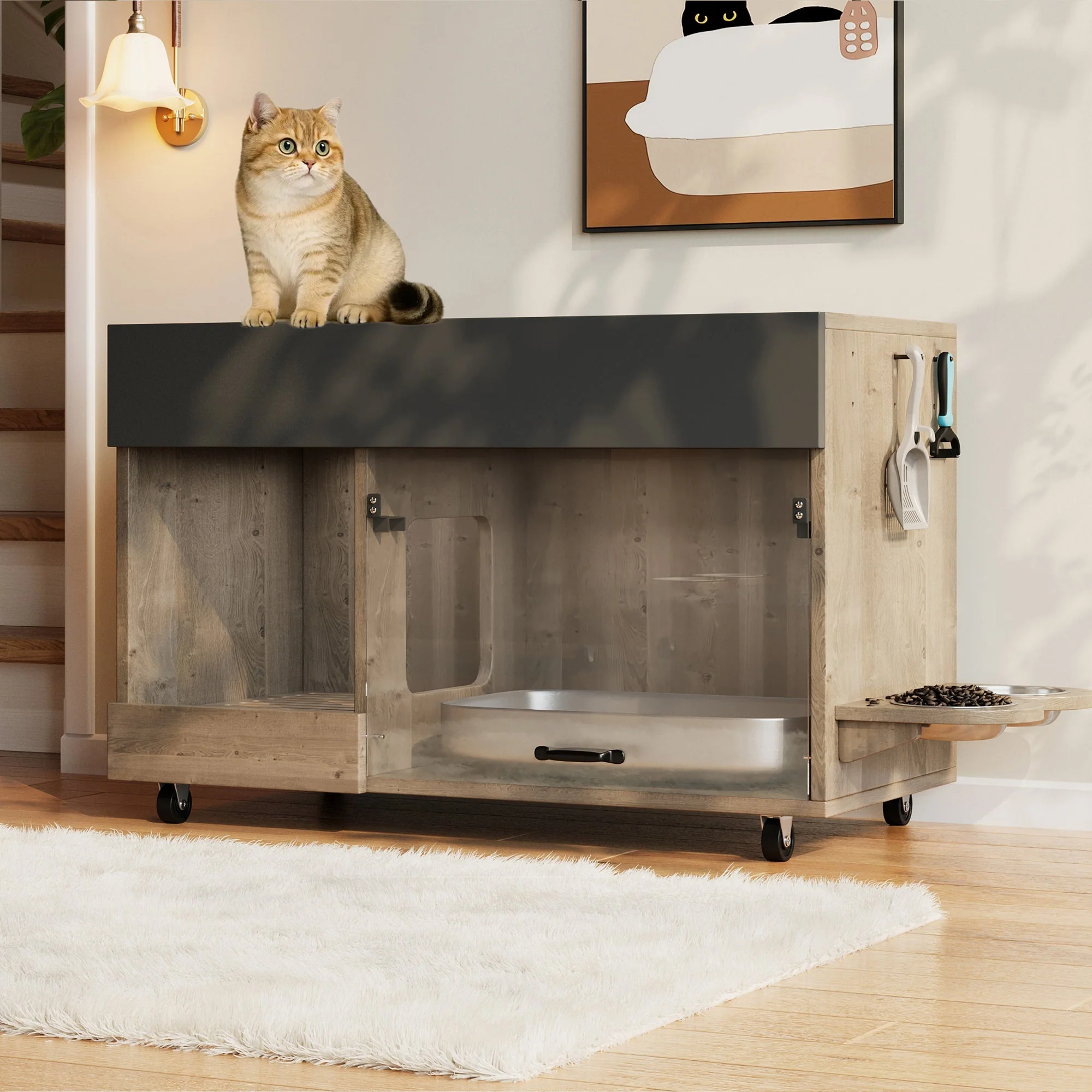Movable Cat Litter Box Cabinet Food Bowls Sand Tray Pegboard 100x45.5x67cm - Oak - Image 3
