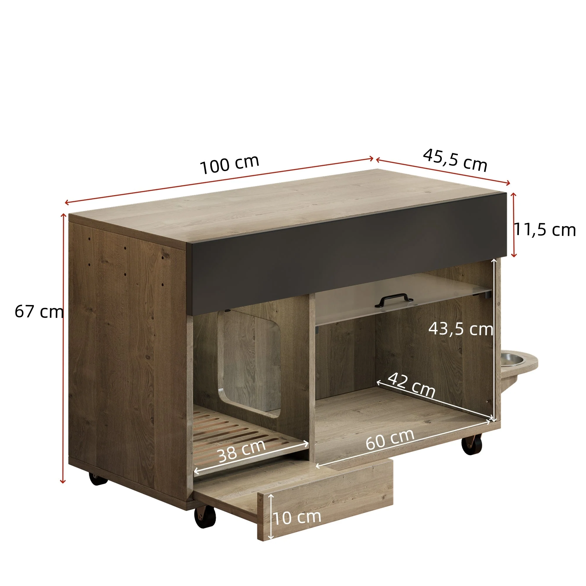 Movable Cat Litter Box Cabinet Food Bowls Sand Tray Pegboard 100x45.5x67cm - Oak - Image 4