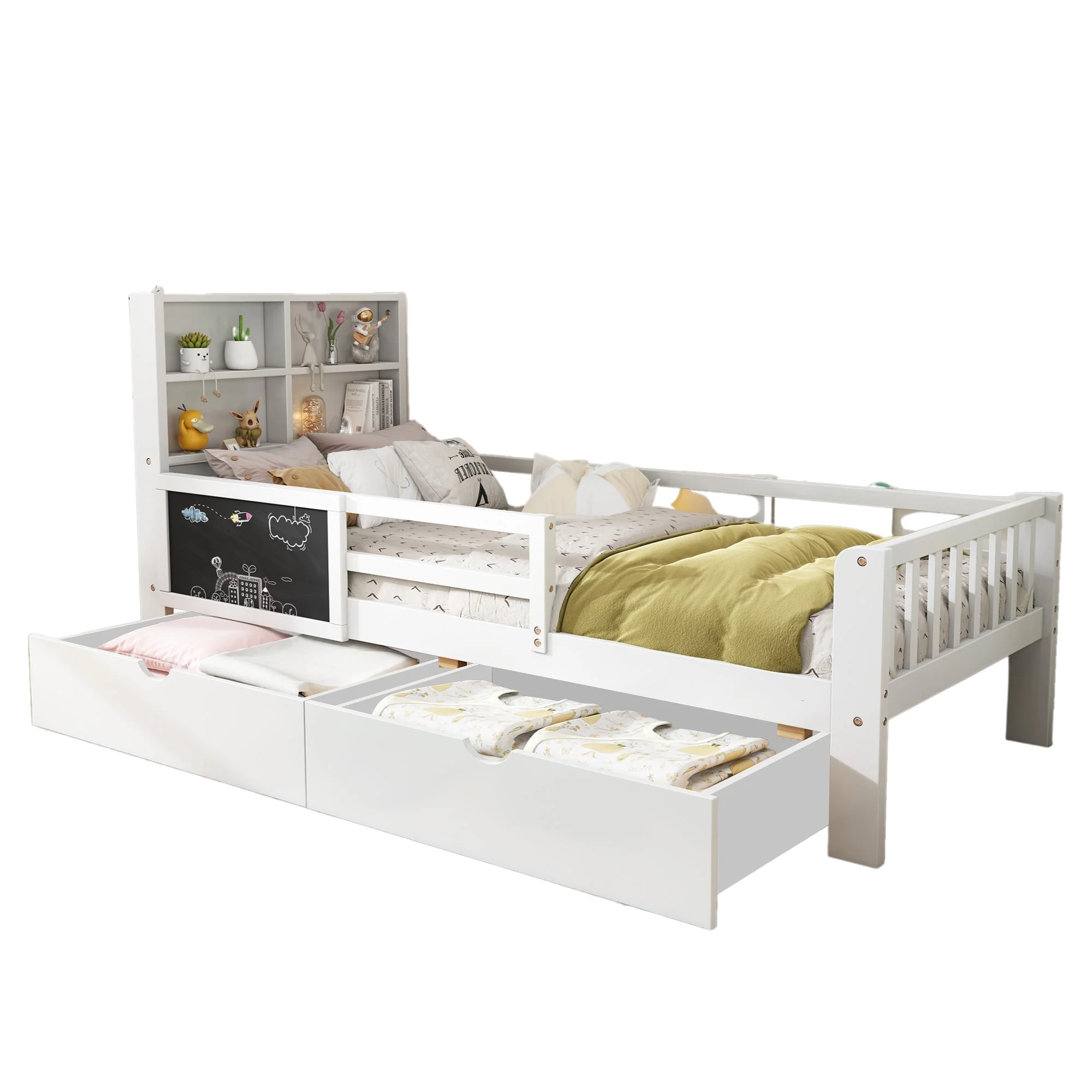 Multi-functional Children's Bed with Drawers and Chalkboard, 90x200cm, White - Image 5