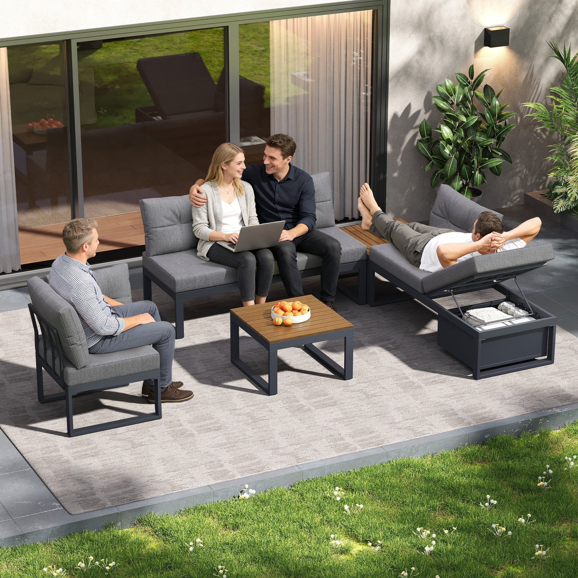 Multi-purpose Garden Furniture Set with Adjustable Backrest, Reclining Function and Storage, Dark Grey - Image 5