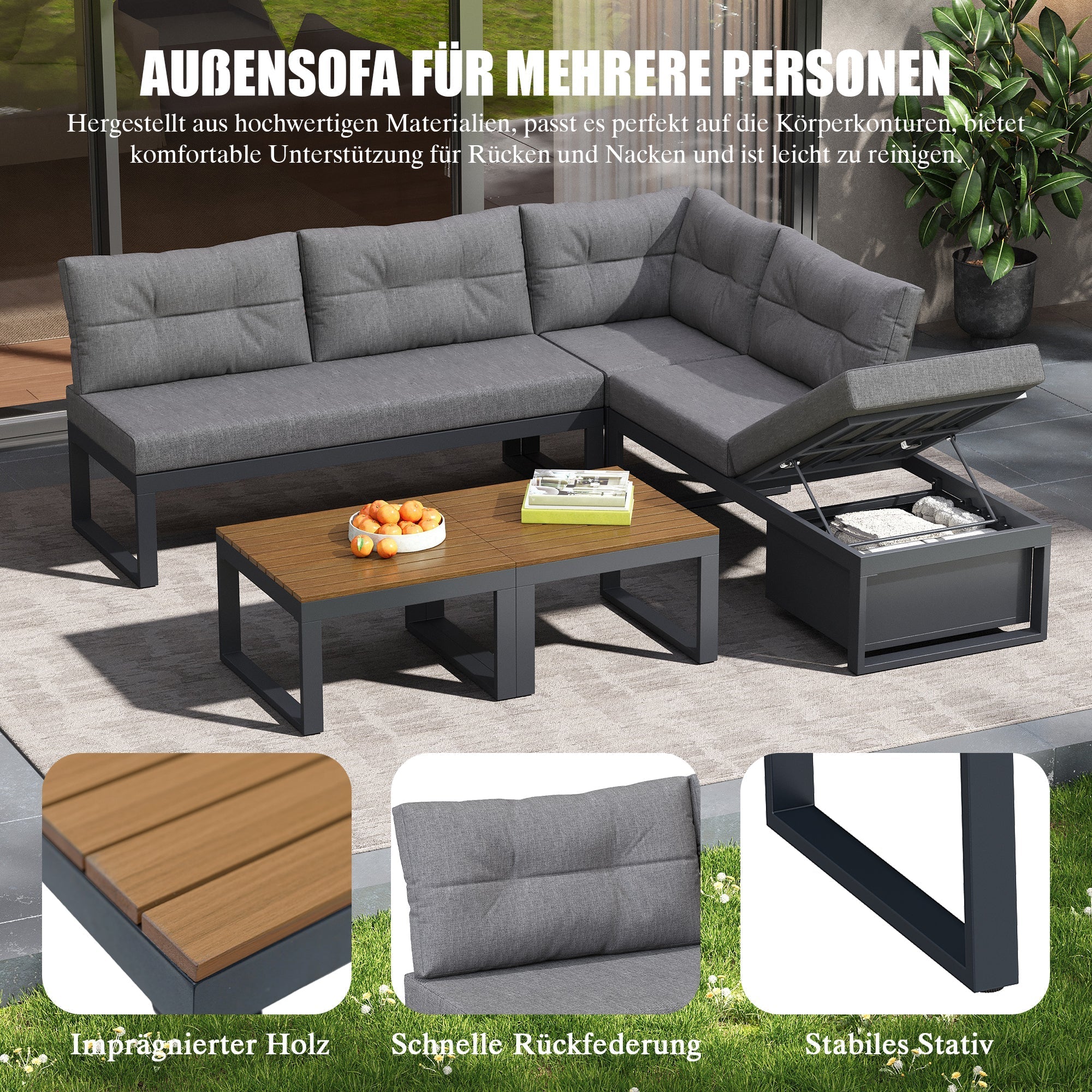 Multi-purpose Garden Furniture Set with Adjustable Backrest, Reclining Function and Storage, Dark Grey - Image 6