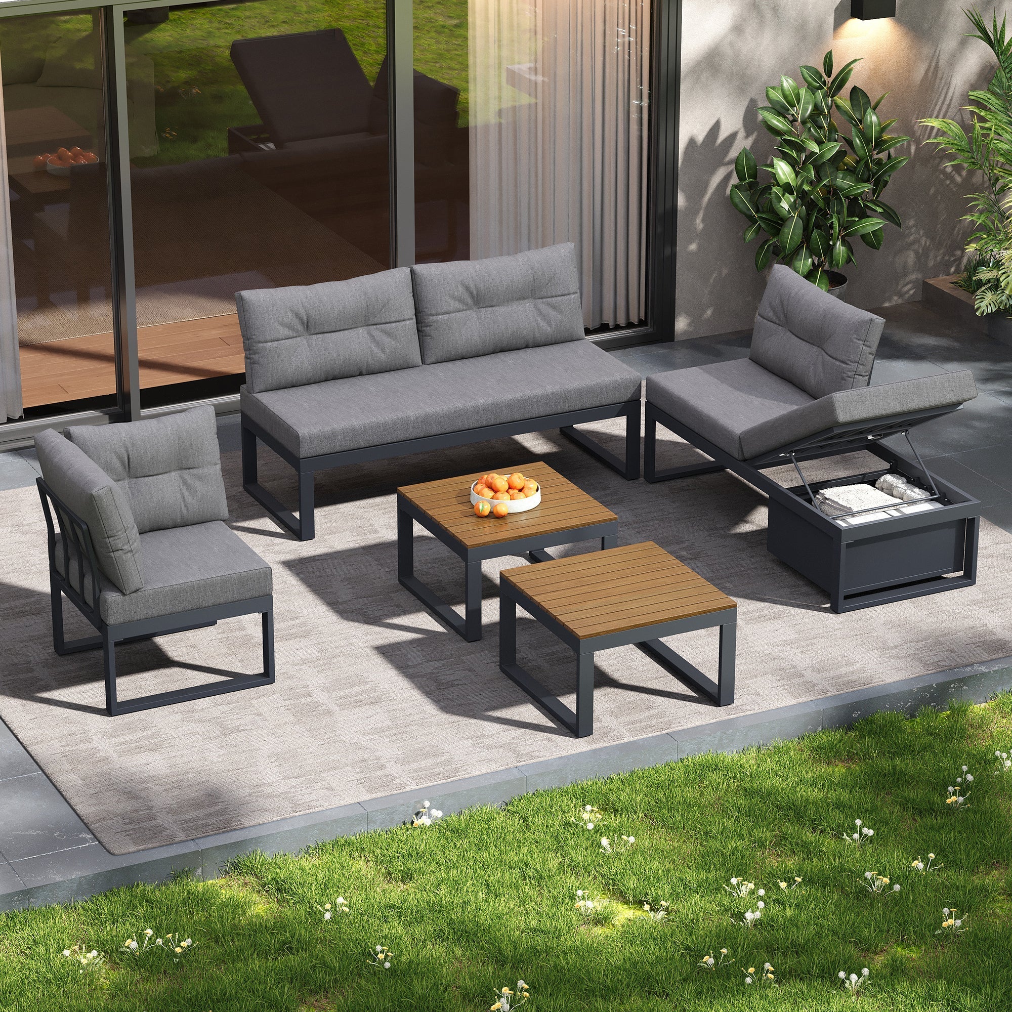 Multi-purpose Garden Furniture Set with Adjustable Backrest, Reclining Function and Storage, Dark Grey - Image 7