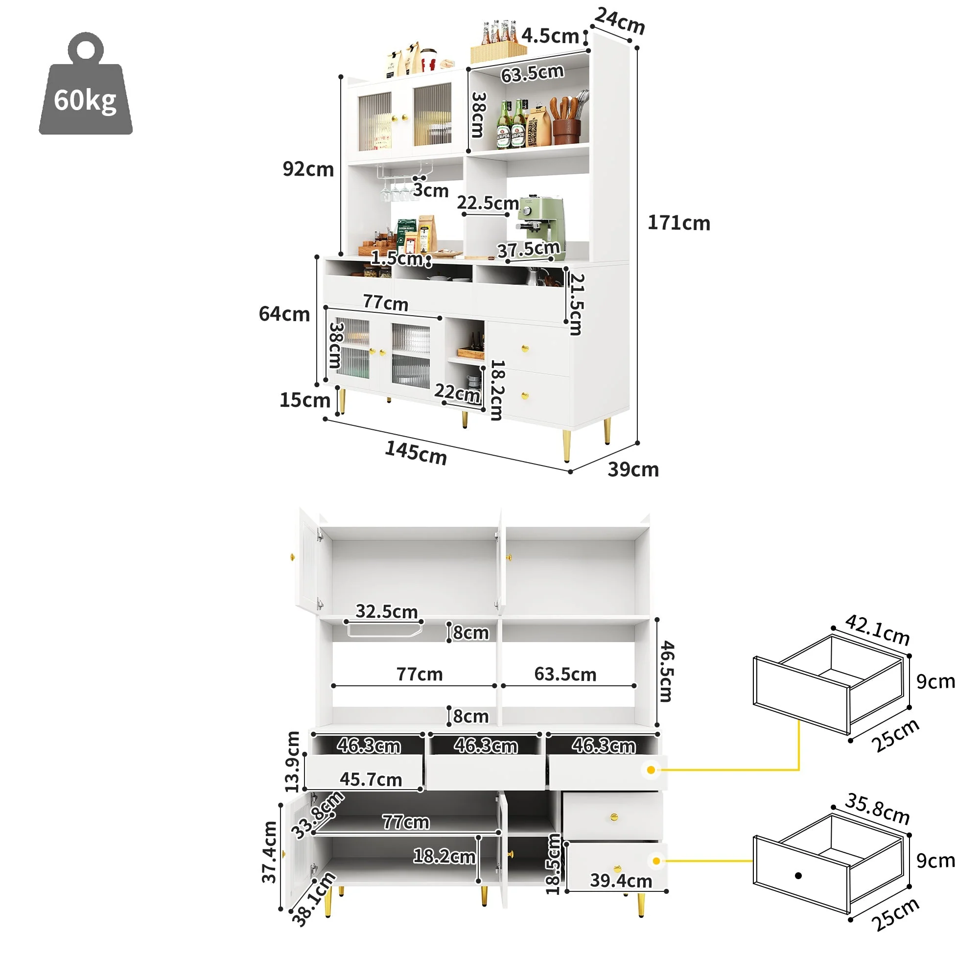 Multi-purpose Storage Cabinet, 145 x 39 x 171 cm Changhong Glass Door Wine Holder, White with Gold Decoration - Image 5