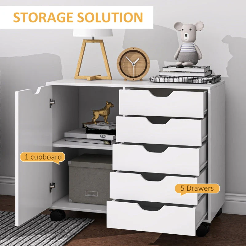 Multi-Storage Mobile Office Cabinet, 5-Drawer Cupboard Adjustable Shelf, White - Image 4