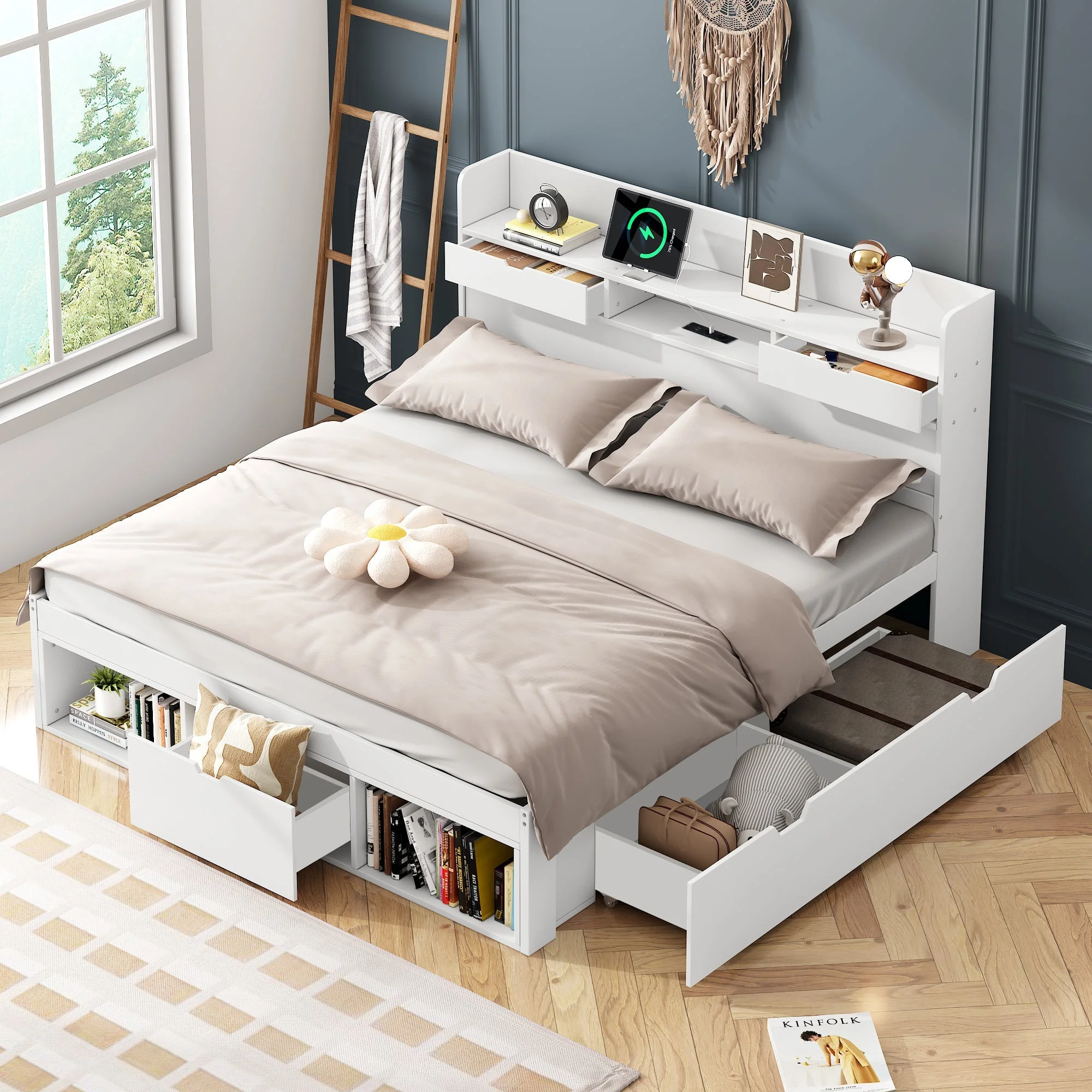 Multifunction Double Bed 135x190cm USB Port Drawers Storage - White - Image 2