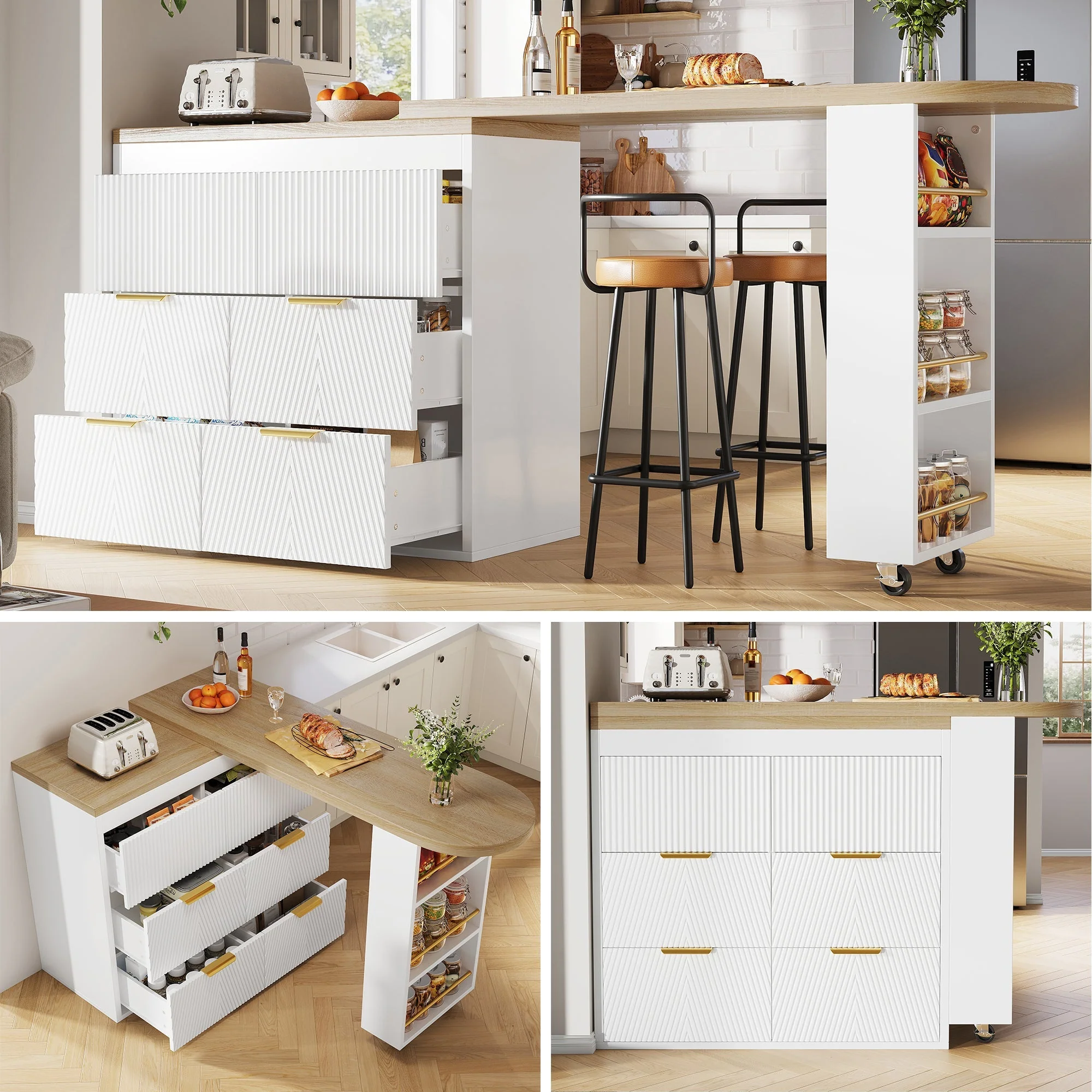 Multifunctional Bar Table with 6 Drawers and 360 Degree Rotation, White