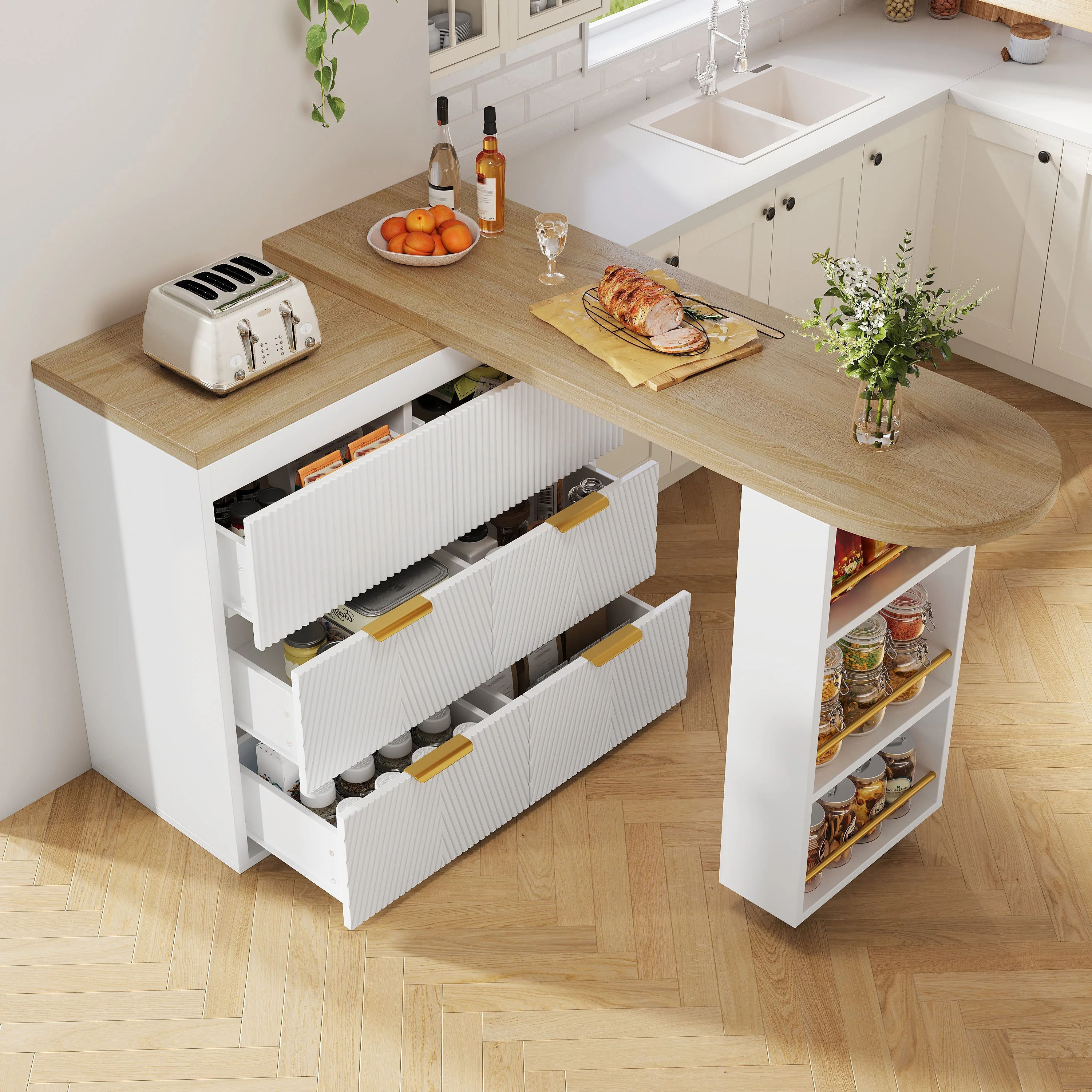 Multifunctional Bar Table with 6 Drawers and 360 Degree Rotation, White - Image 3
