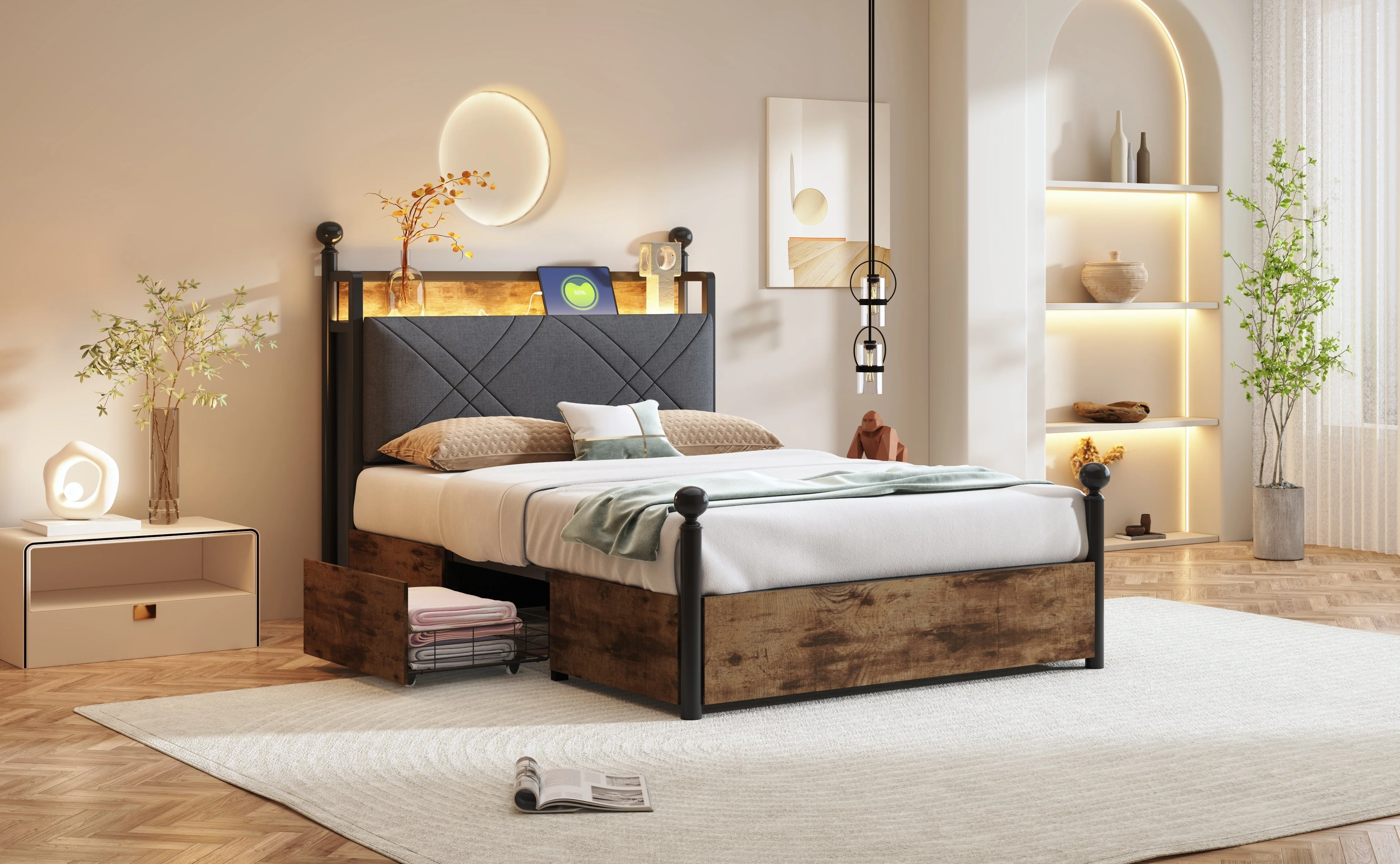 Multifunctional Bed 90x190cm, Storage, Wrought Iron Canopy, LED/USB Ports, Iron - Image 4