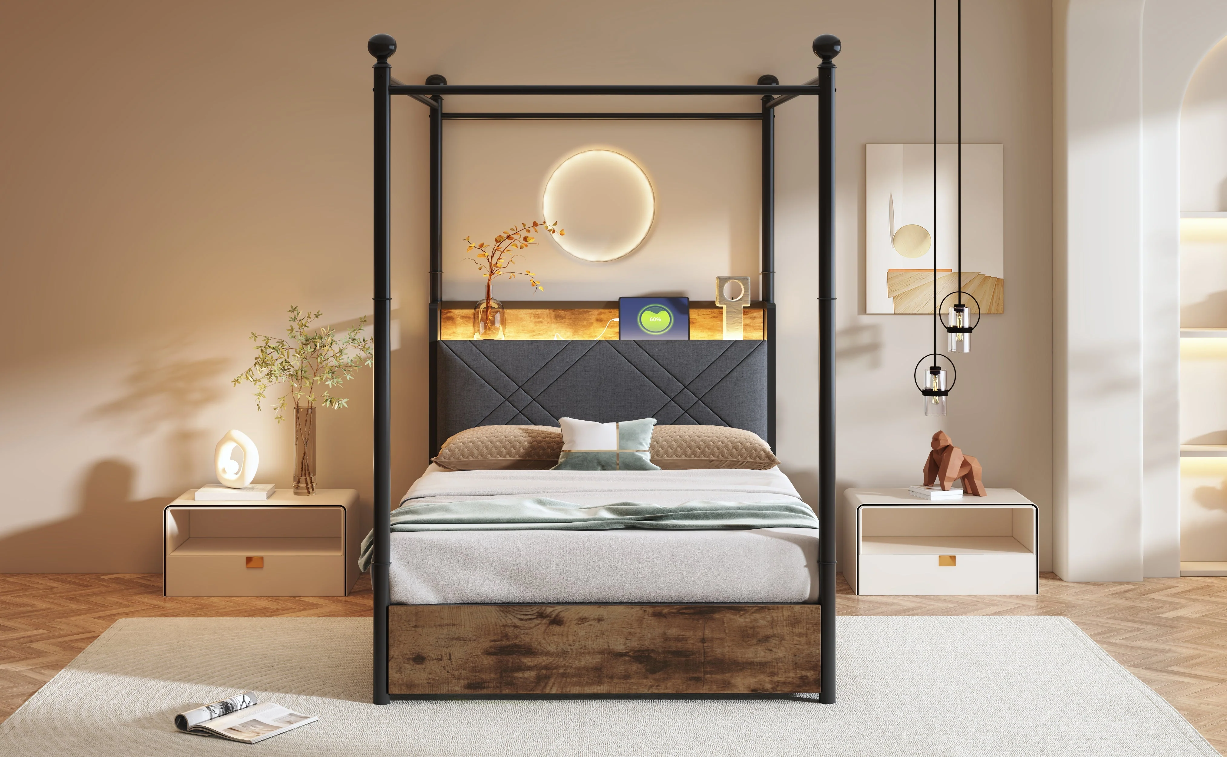 Multifunctional Bed 90x190cm, Storage, Wrought Iron Canopy, LED/USB Ports, Iron - Image 5
