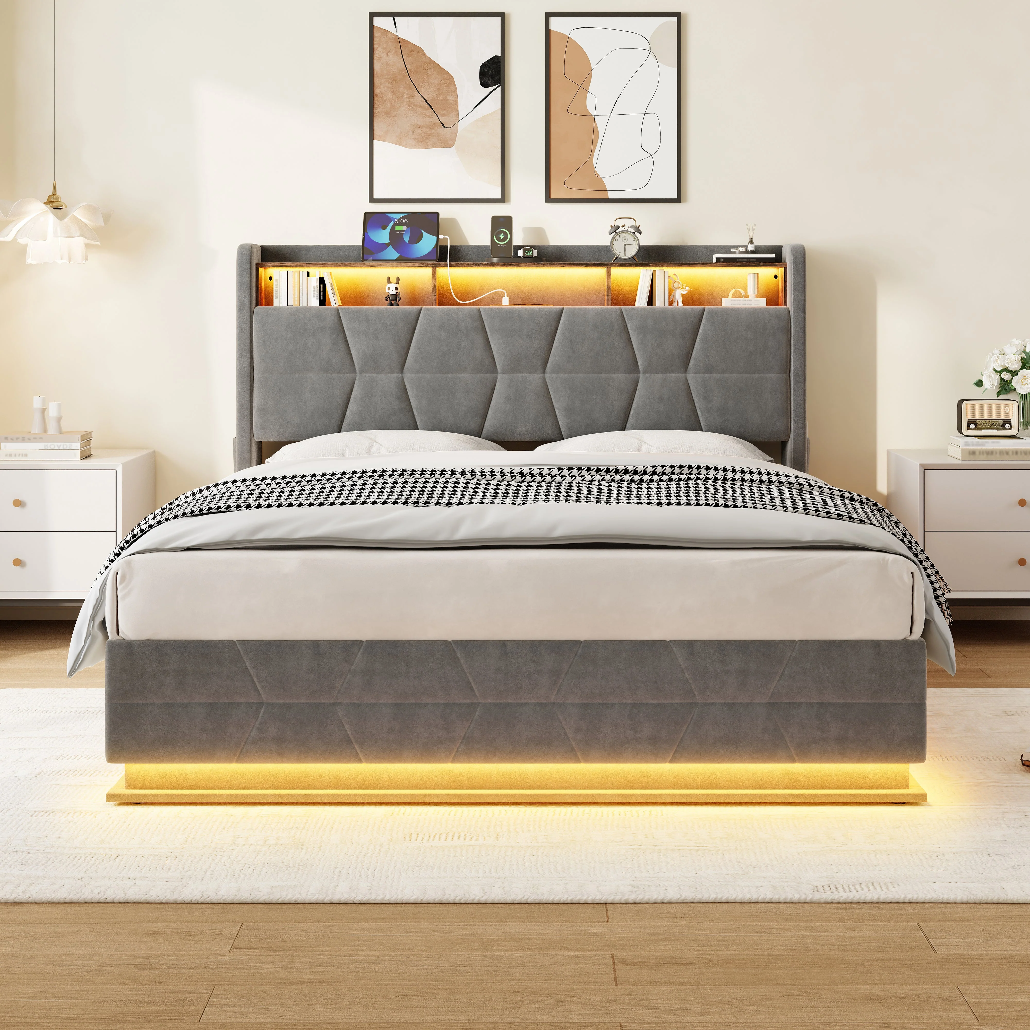 Multifunctional Bed with LED, Charging Station and Storage, Dark Grey Velvet - Image 3