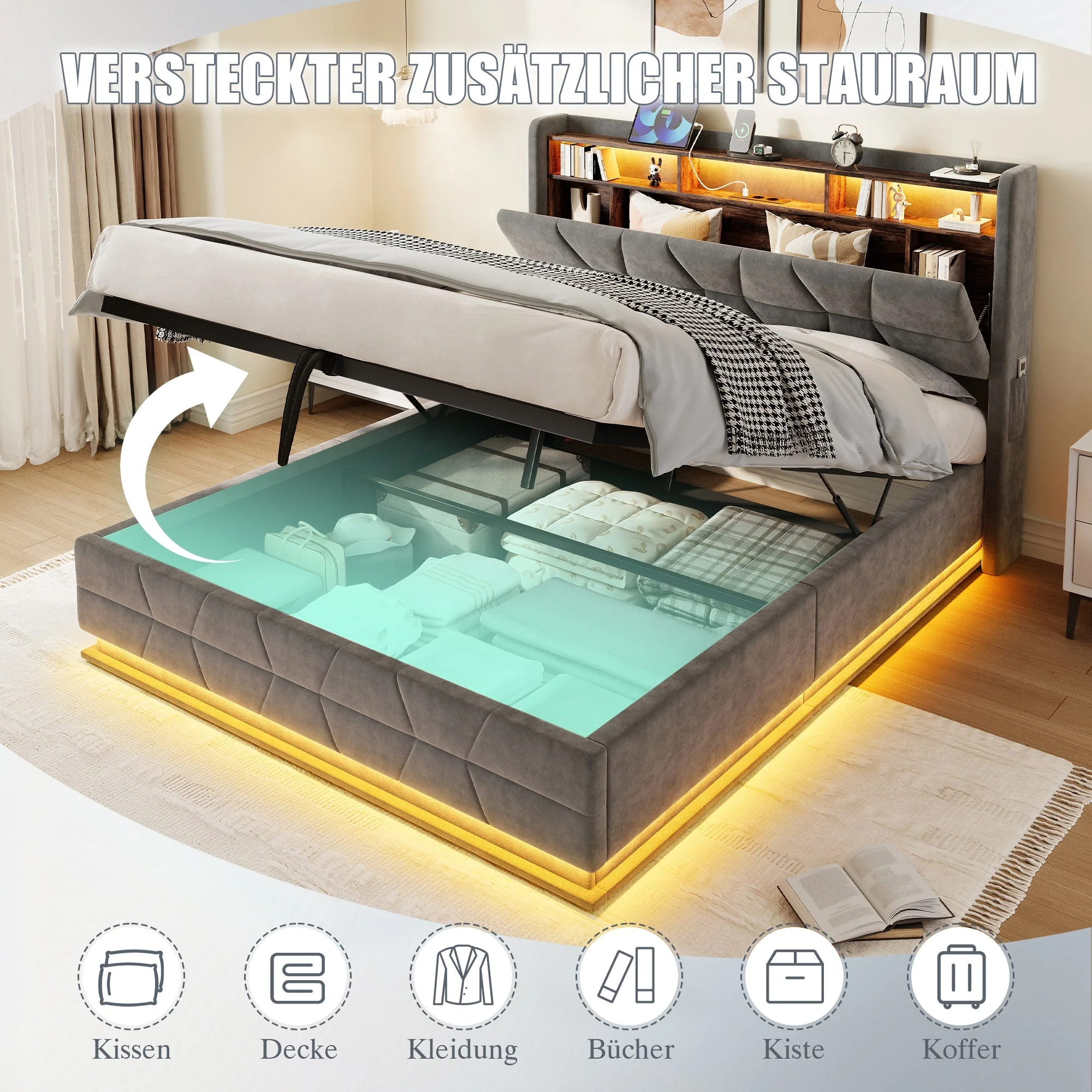 Multifunctional Bed with LED, Charging Station and Storage, Dark Grey Velvet - Image 4