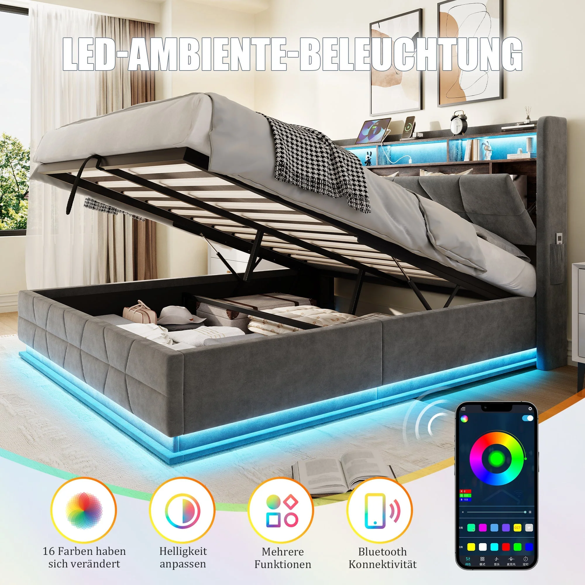 Multifunctional Bed with LED, Charging Station and Storage, Dark Grey Velvet - Image 8