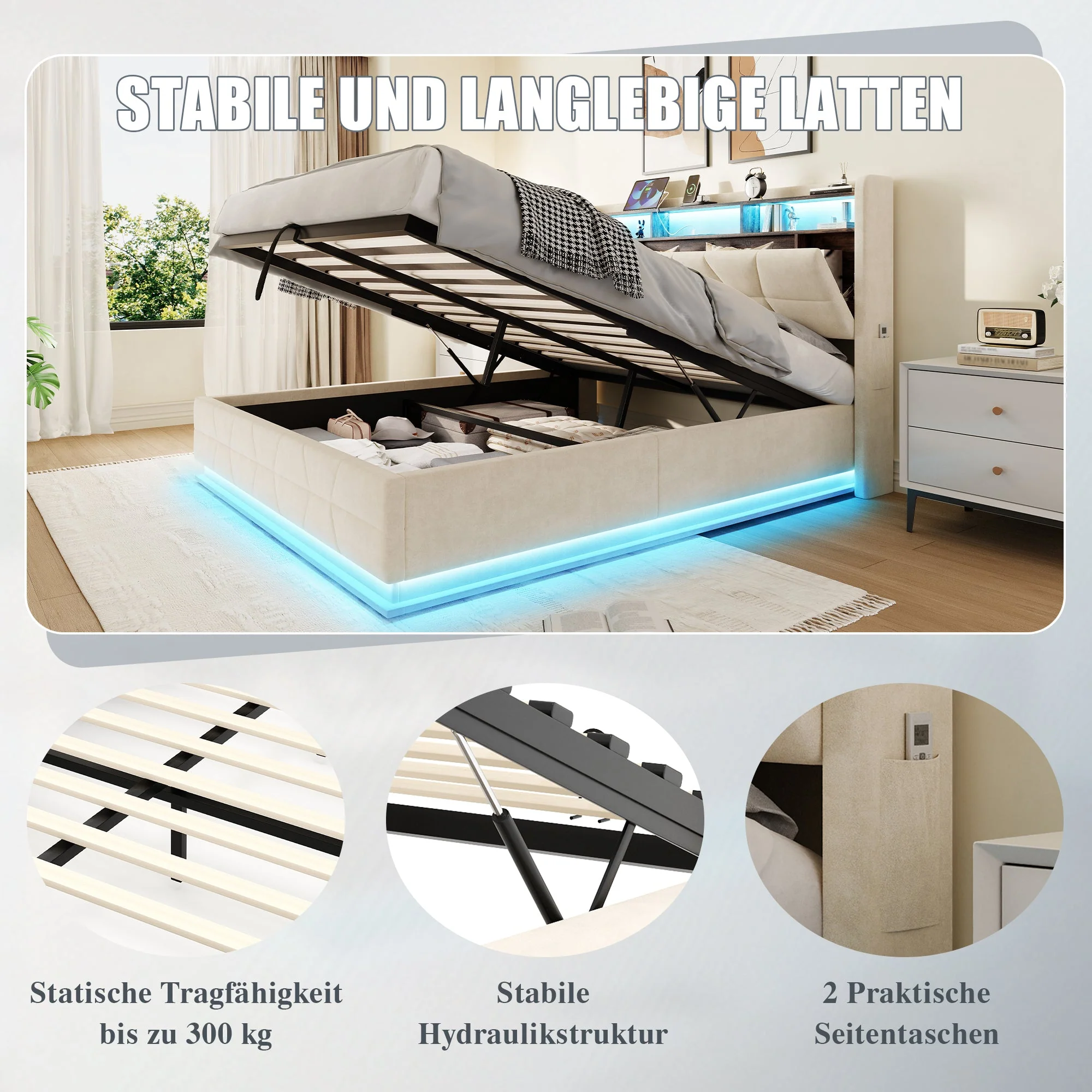 Multifunctional Bed with LED Lighting and USB Charging Station, 140x190cm, Beige - Image 6