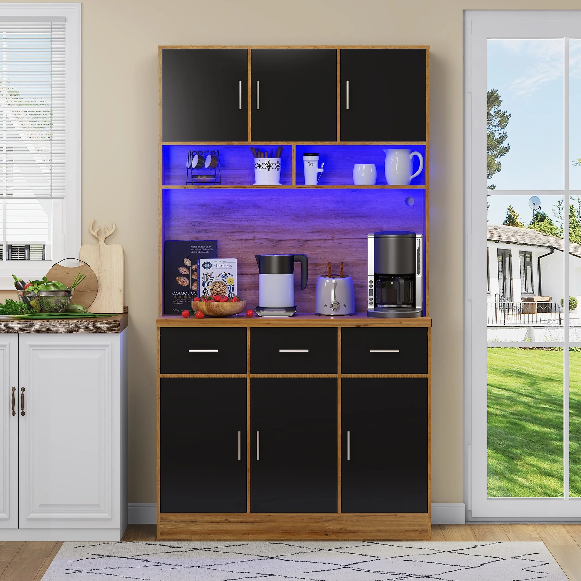 Multifunctional Buffet, 100x40x180cm with LED & App Control, Natural-colored/Black PB, MDF - Image 4