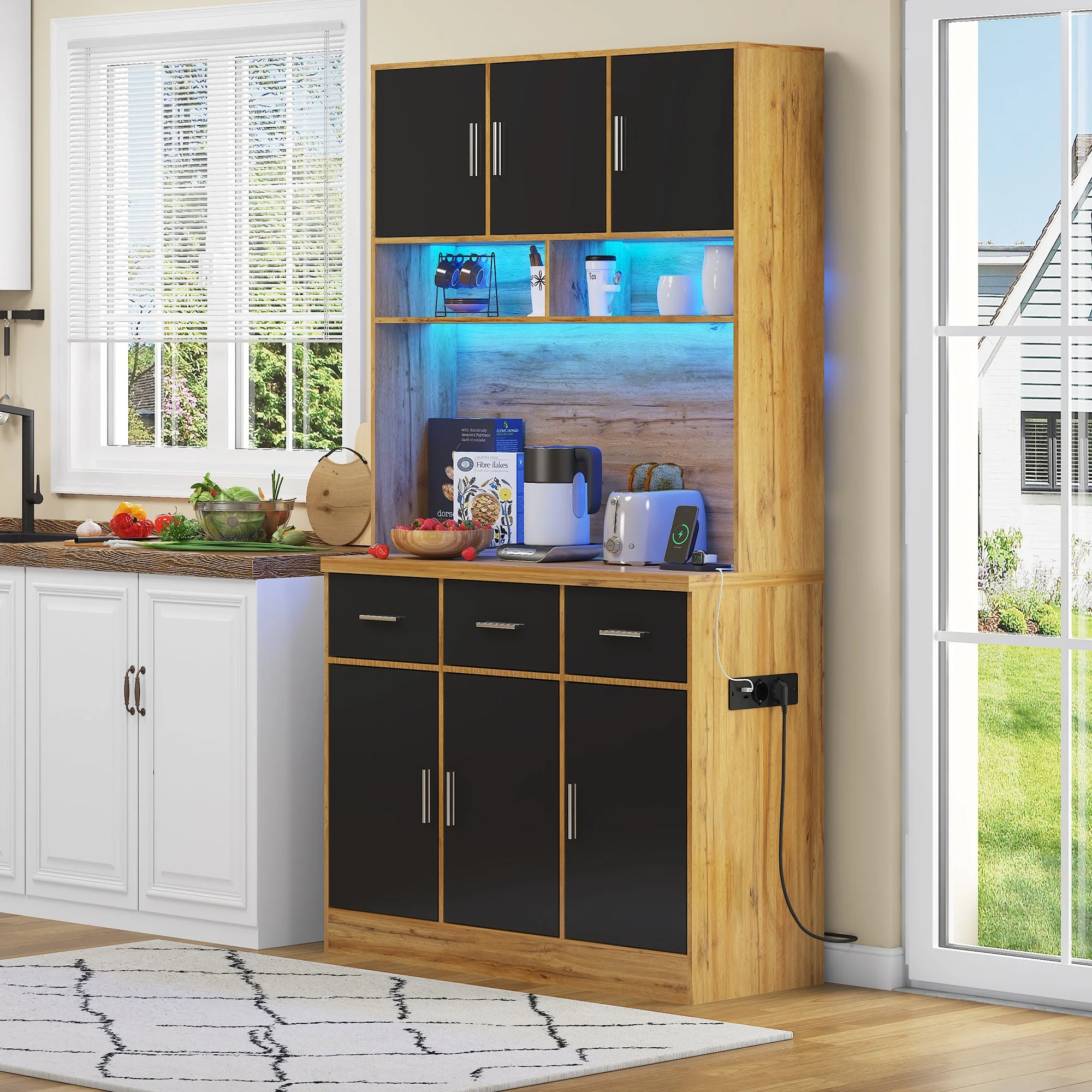 Multifunctional Buffet, 100x40x180cm with LED & App Control, Natural-colored/Black PB, MDF - Image 7