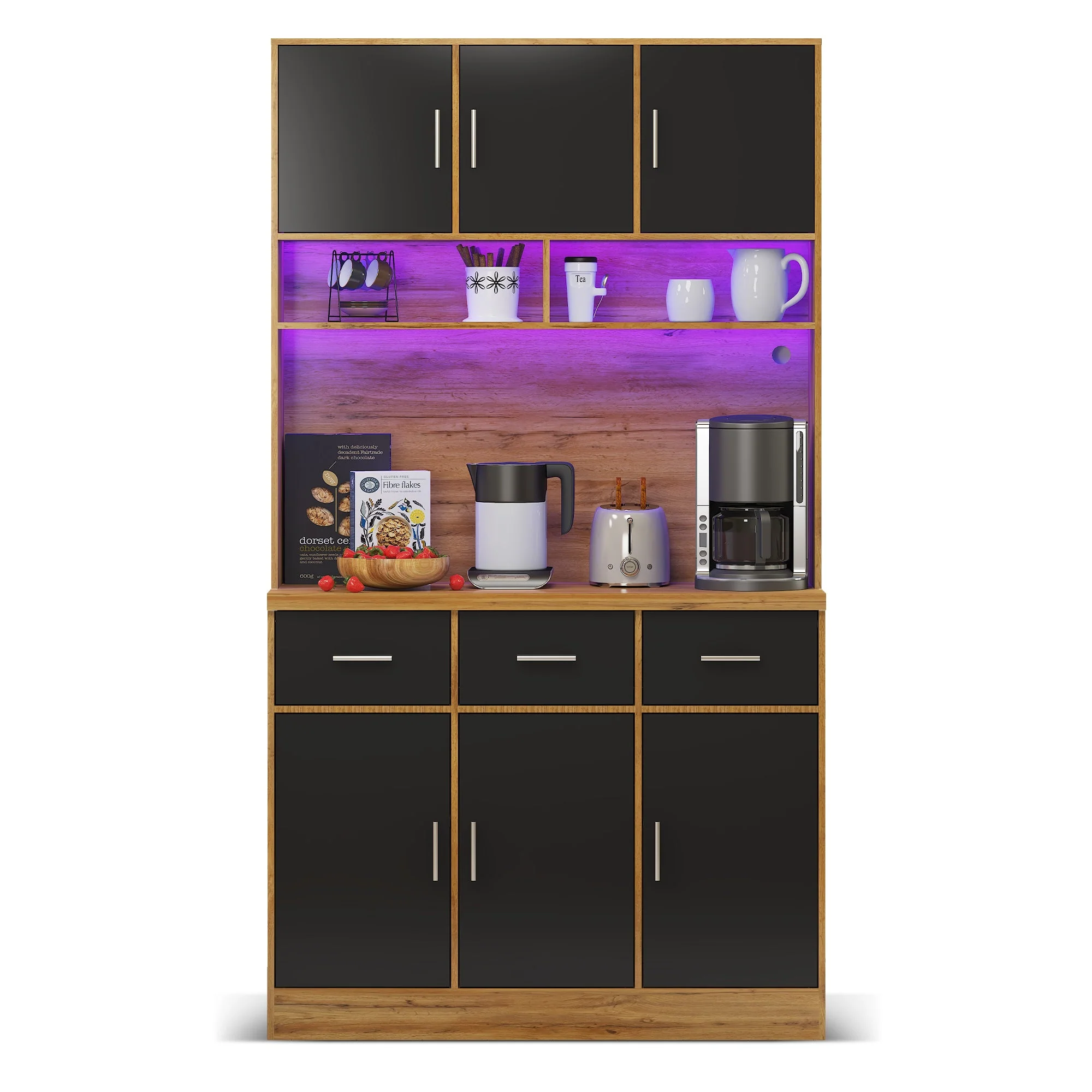 Multifunctional Buffet, 100x40x180cm with LED & App Control, Natural-colored/Black PB, MDF - Image 9