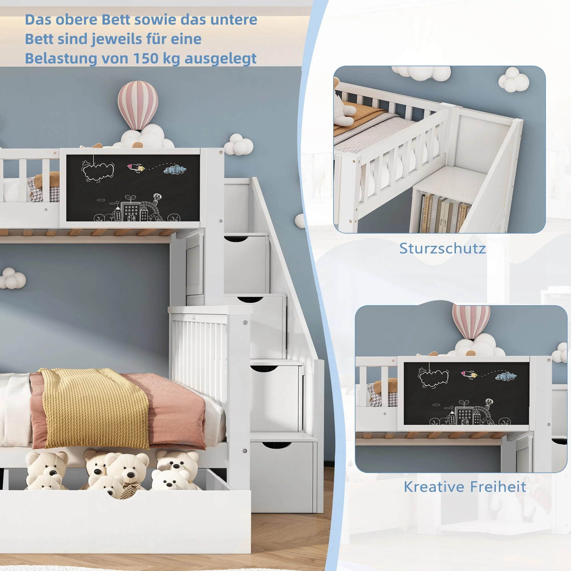 Multifunctional Bunk Bed with Chalkboard and Drawers, 90x200cm and 140x200cm, White - Image 8