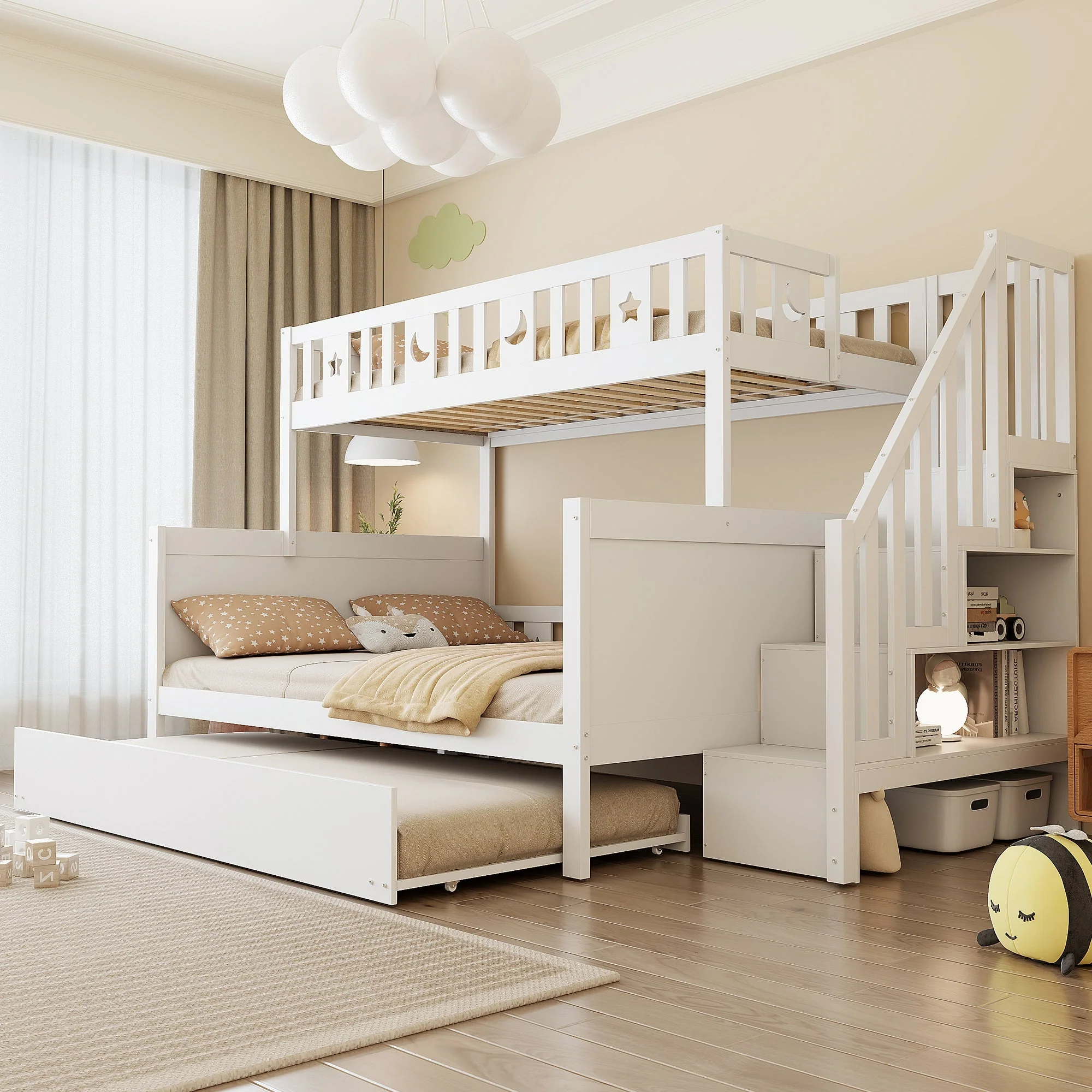 Multifunctional Bunk Bed with Storage and Slatted Frame, 90x200 and 140x200, White Pine Wood - Image 2