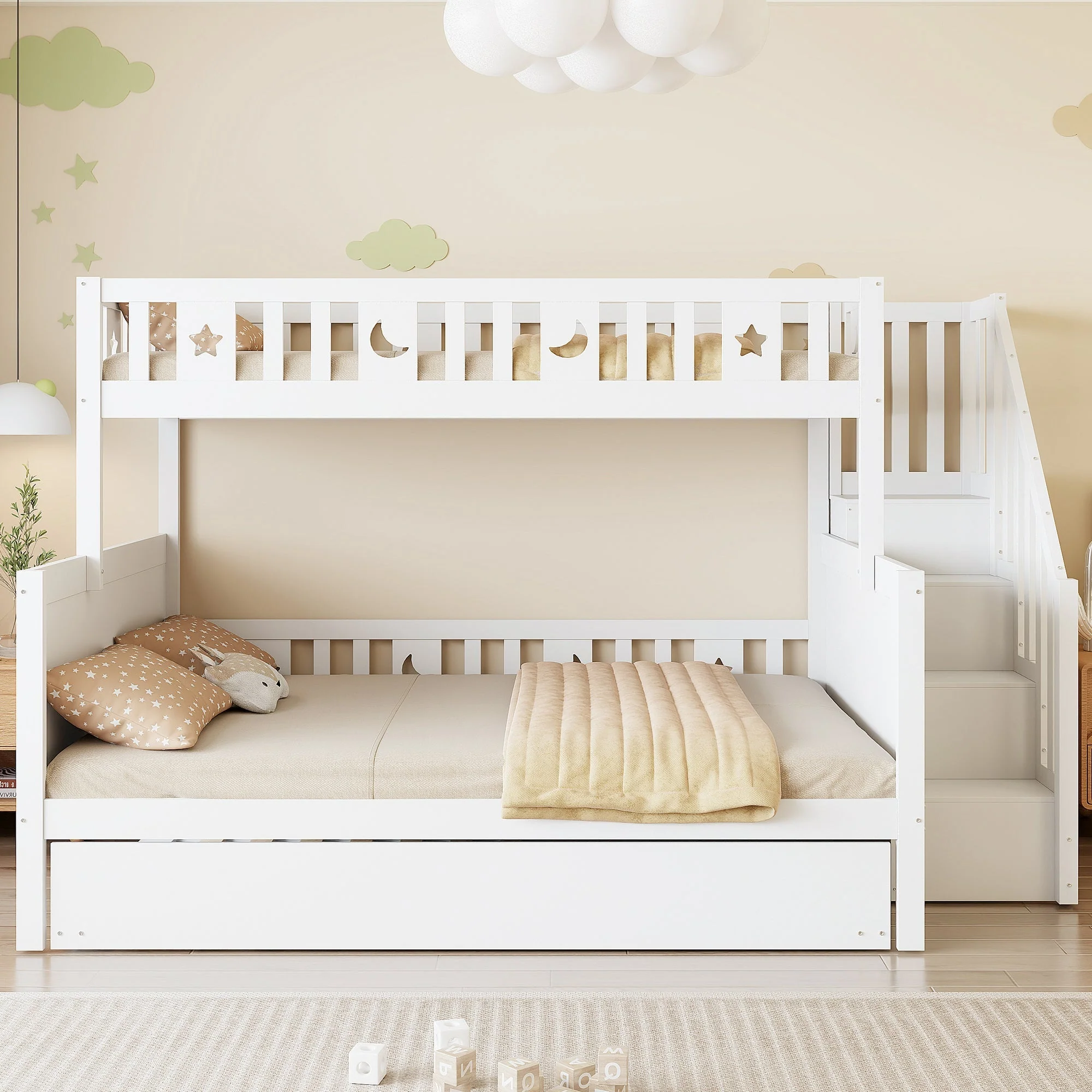 Multifunctional Bunk Bed with Storage and Slatted Frame, 90x200 and 140x200, White Pine Wood - Image 3