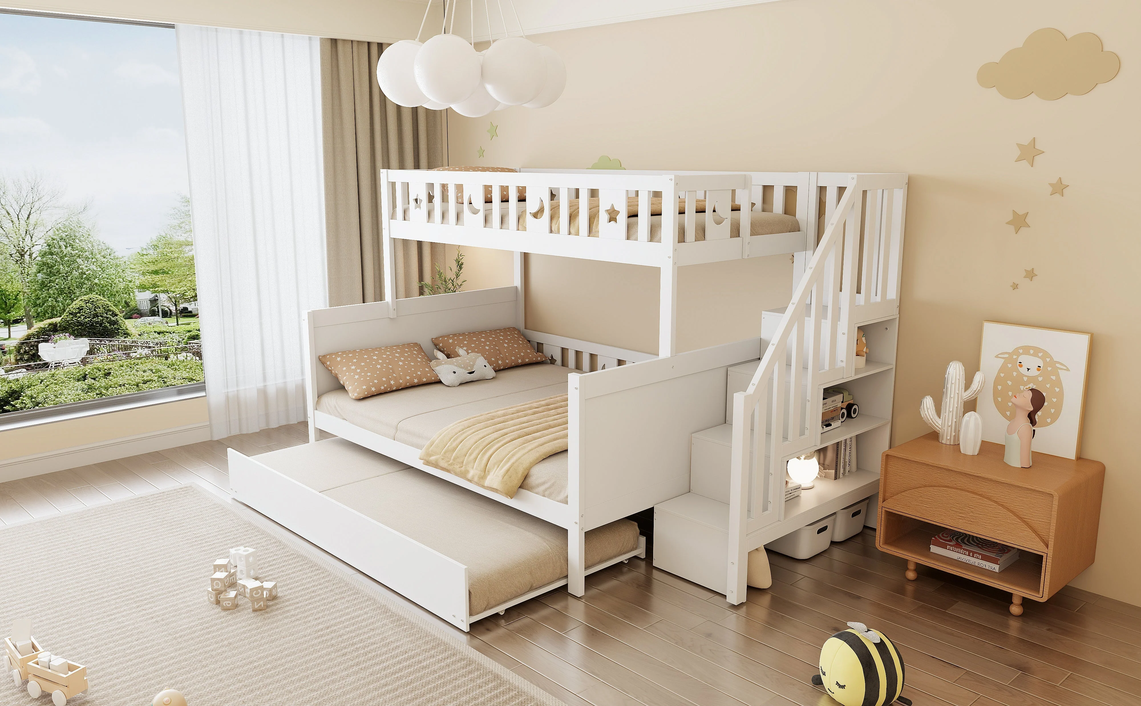 Multifunctional Bunk Bed with Storage and Slatted Frame, 90x200 and 140x200, White Pine Wood - Image 5