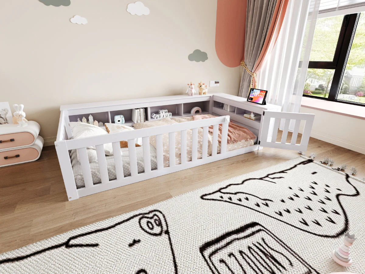 Multifunctional Children's Bed 90 x 200 cm, Storage, Safety Gate, Solid Wood, White - Image 5
