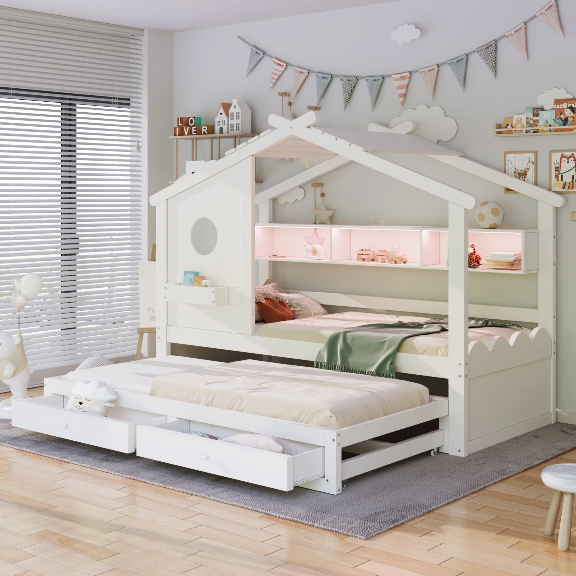 Multifunctional Children's Bed with House Design, Pull-out Bed, Drawers, Shelves, USB and LED, 90x200cm, White - Image 2