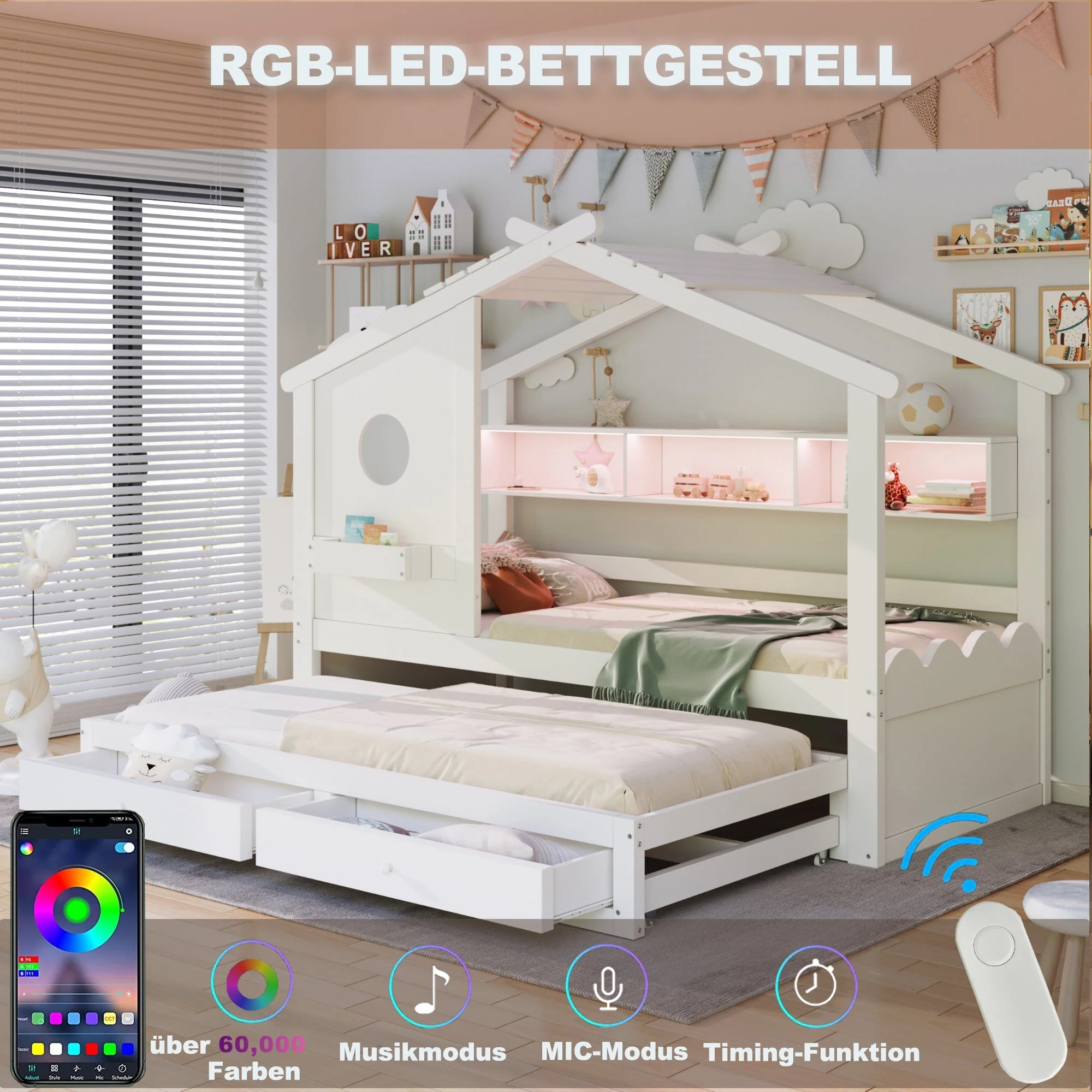 Multifunctional Children's Bed with House Design, Pull-out Bed, Drawers, Shelves, USB and LED, 90x200cm, White - Image 4