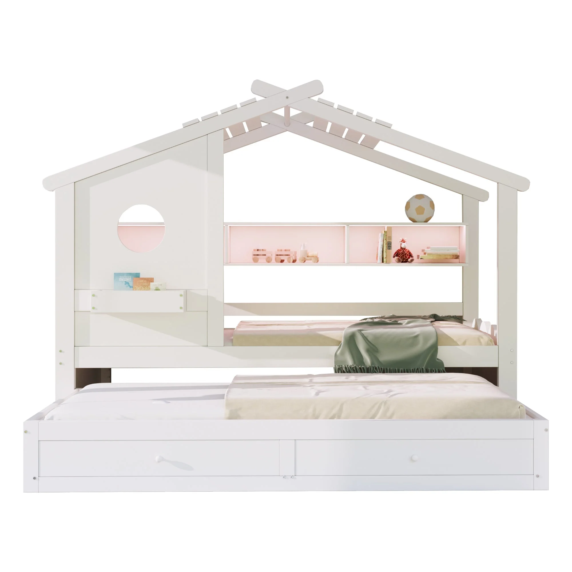 Multifunctional Children's Bed with House Design, Pull-out Bed, Drawers, Shelves, USB and LED, 90x200cm, White - Image 9