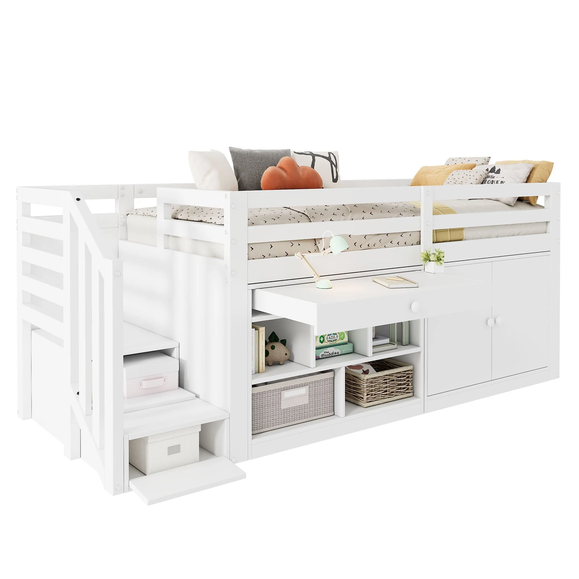 Multifunctional Children's Bed with Stairs, Storage and Reversible Desk, 90x200cm, White Wood - Image 9