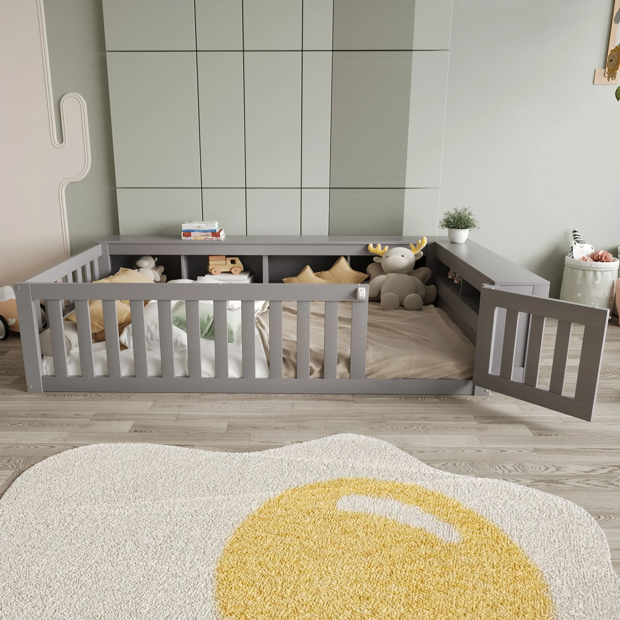 Multifunctional Children's Bed with Storage, Safety Gate & Slatted Frame, Grey - Image 2
