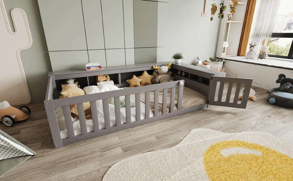 Multifunctional Children's Bed with Storage, Safety Gate & Slatted Frame, Grey - Image 4