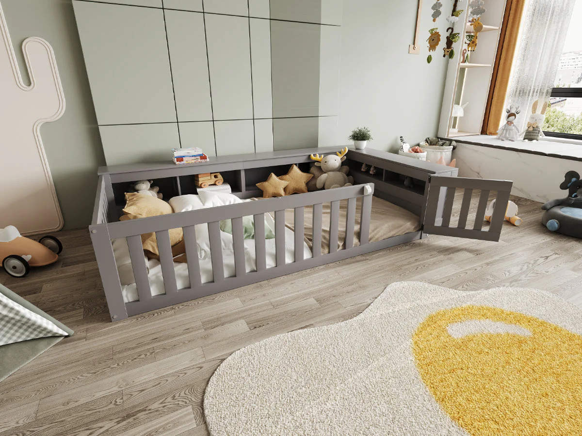 Multifunctional Children's Bed with Storage, Safety Gate & Slatted Frame, Grey - Image 5
