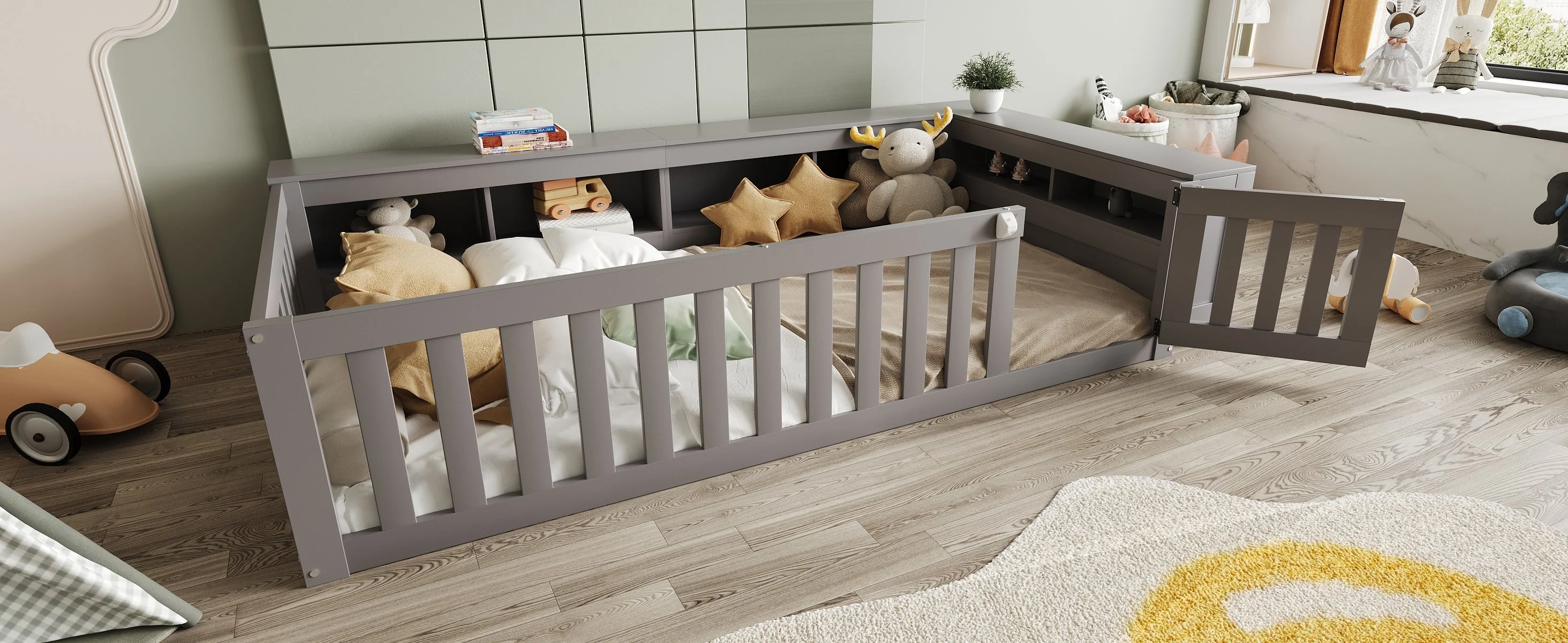 Multifunctional Children's Bed with Storage, Safety Gate & Slatted Frame, Grey - Image 6