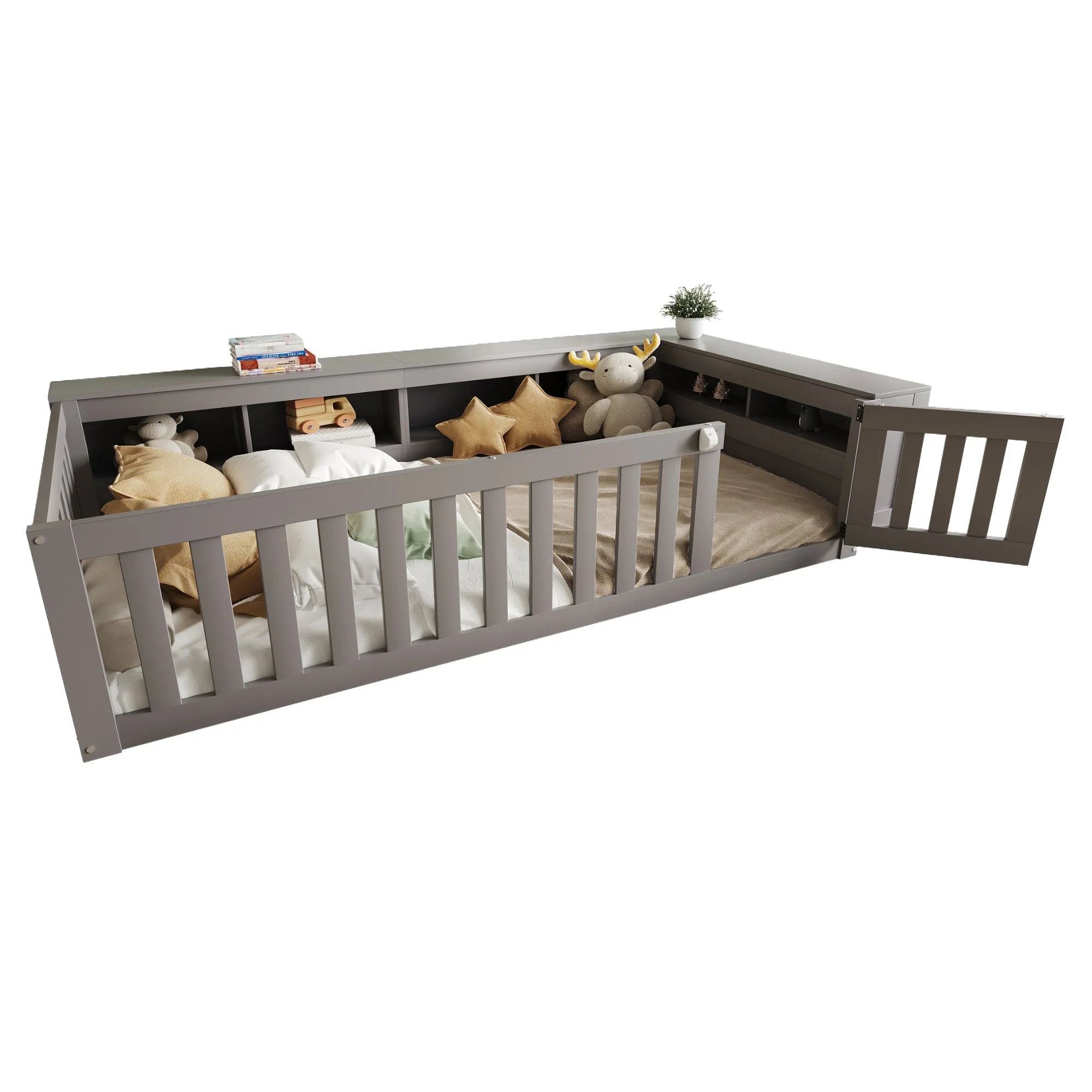 Multifunctional Children's Bed with Storage, Safety Gate & Slatted Frame, Grey - Image 7