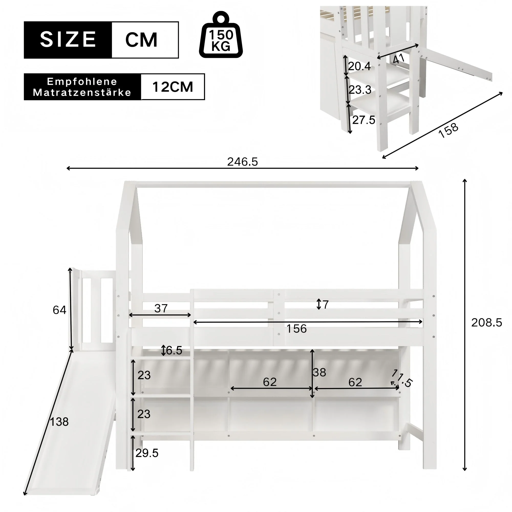 Multifunctional Children's Single Bed with Slide, Stairs and Storage, White Solid Wood and MDF - Image 4