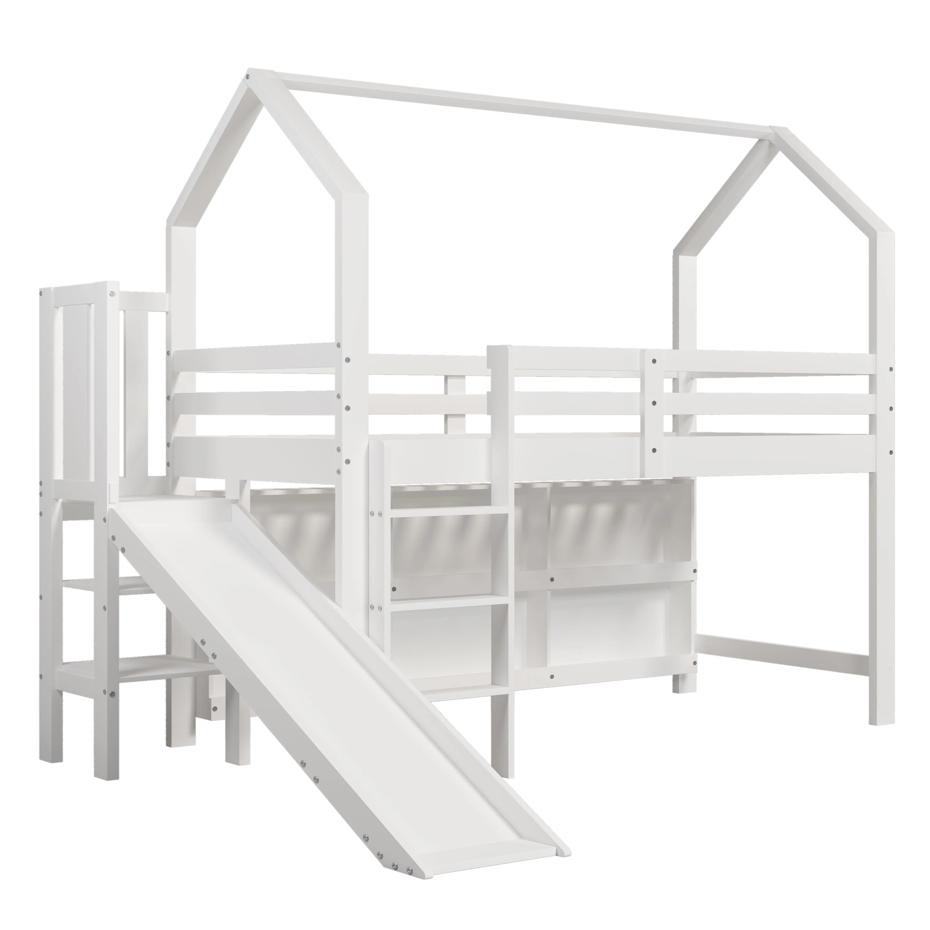 Multifunctional Children's Single Bed with Slide, Stairs and Storage, White Solid Wood and MDF - Image 6