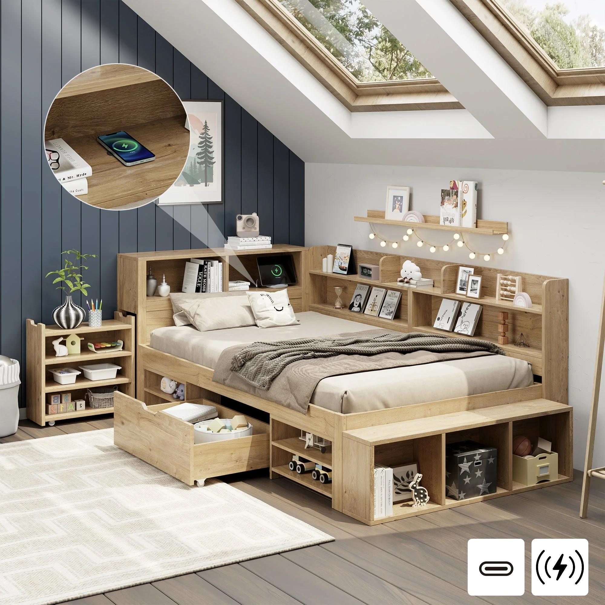 Multifunctional Children's Storage Bed with Nightstands, Shelves and Wireless Charging, Natural