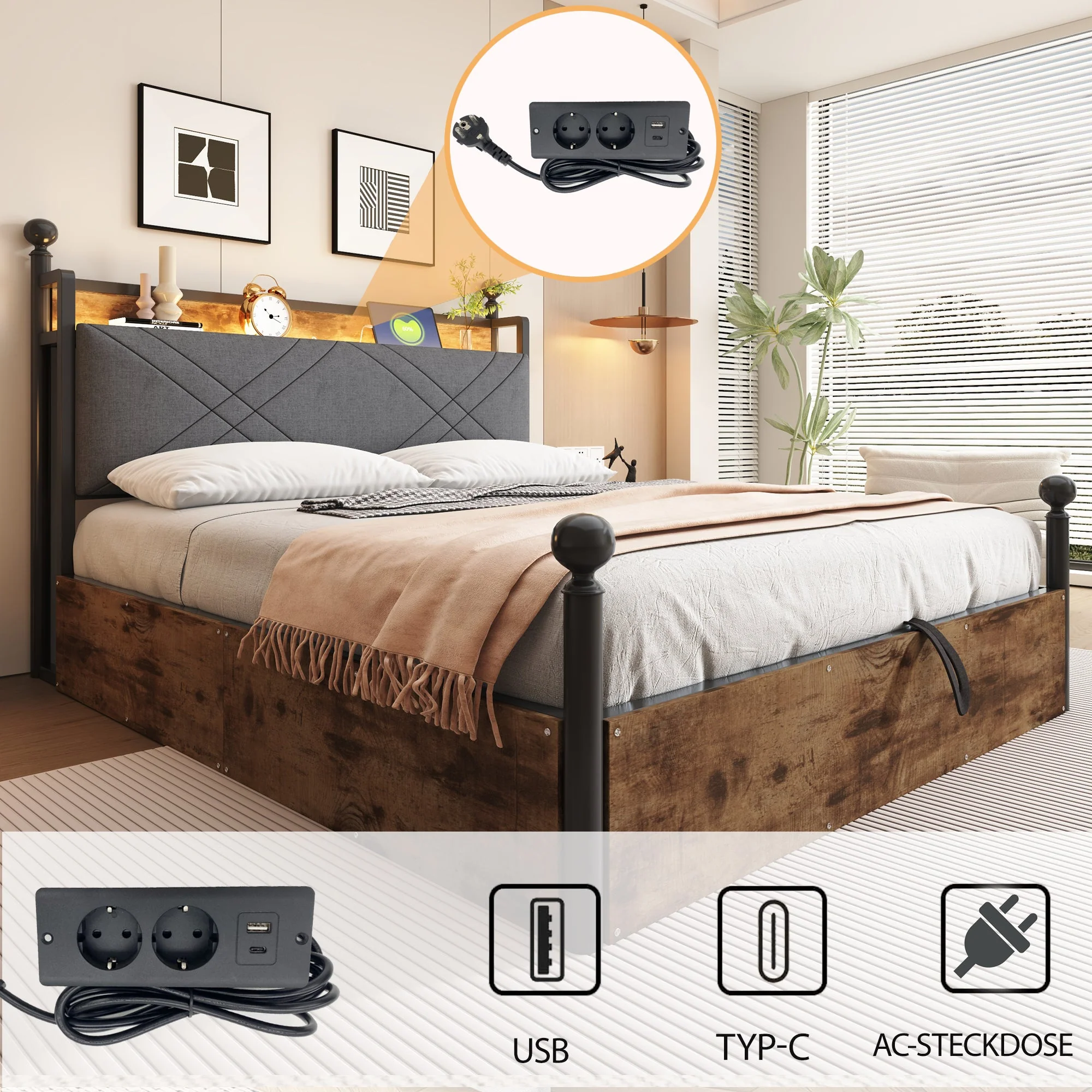 Multifunctional Double Bed 140x190 Storage Canopy LED USB Drawers, Black - Image 5