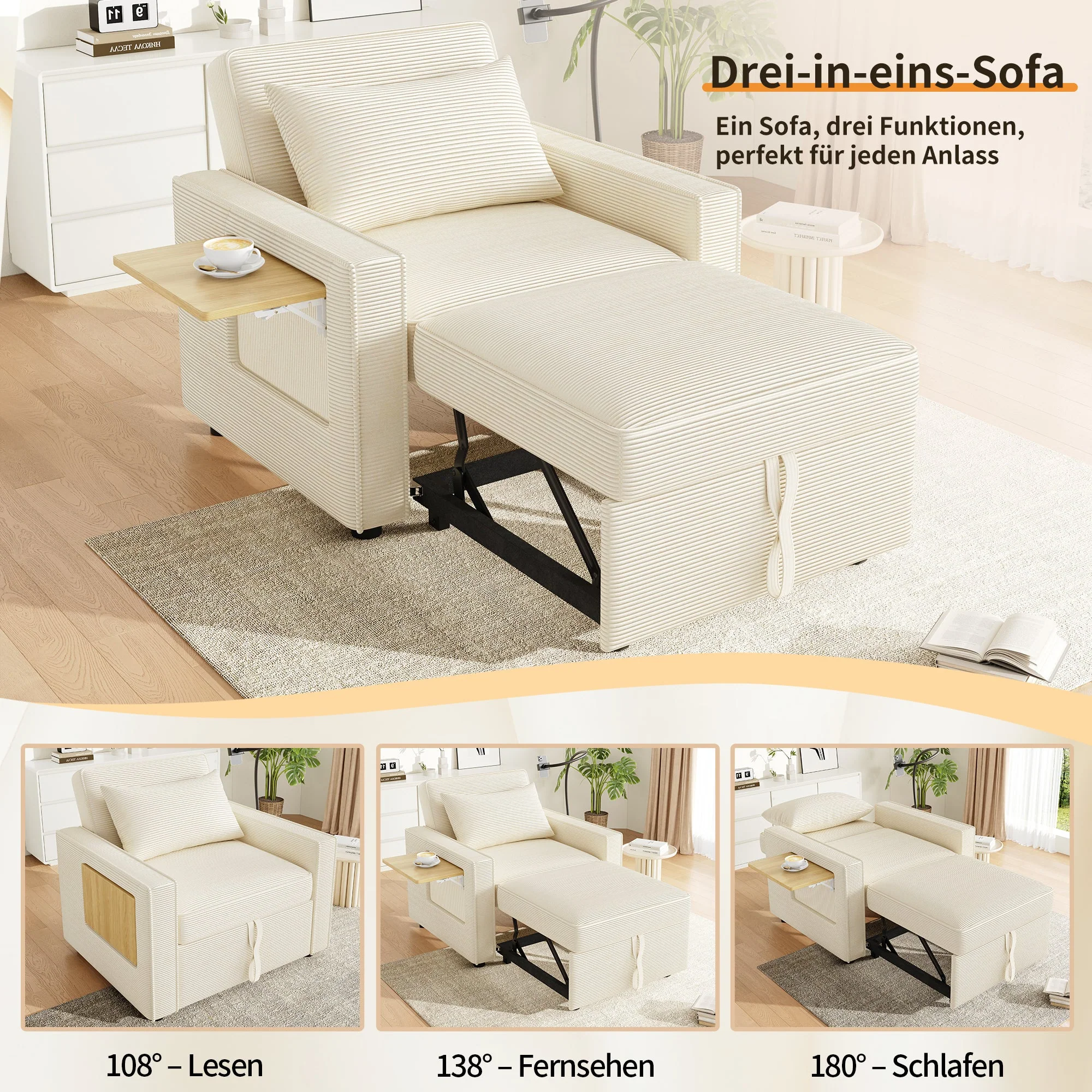 Multifunctional Foldable Sofa Bed 1-Seater Recliner USB Charging Space-Saving Corduroy Fabric Beige - Image 5