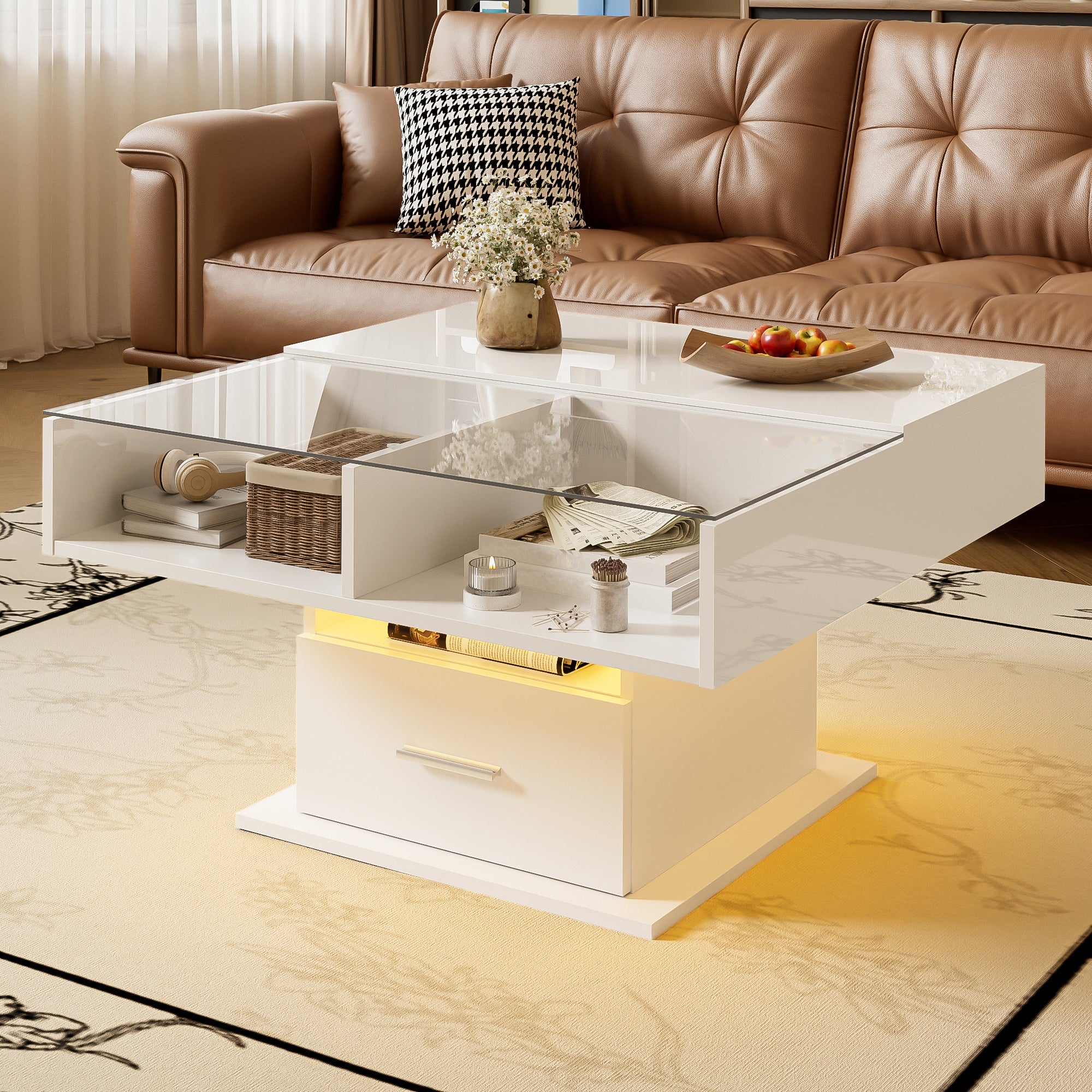 Multifunctional high-gloss lift coffee table with LED lighting, adjustable height & flexible storage space, modern design - Image 3