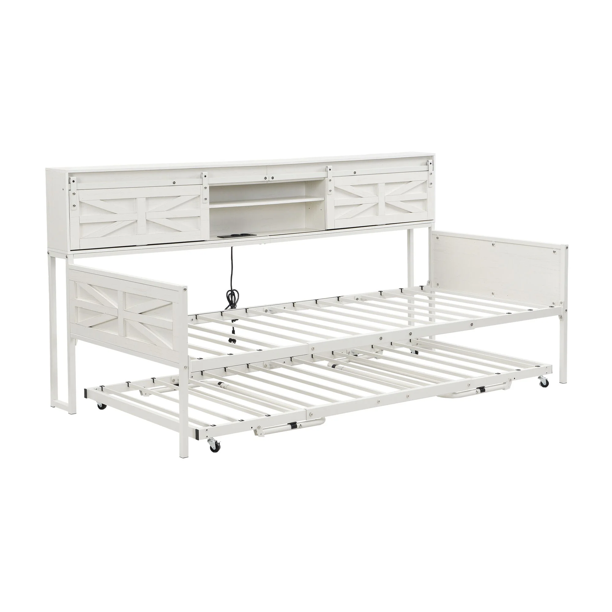 Multifunctional Iron Daybed with Storage Shelves and Pull-out Bed, White/Black Metal - Image 3