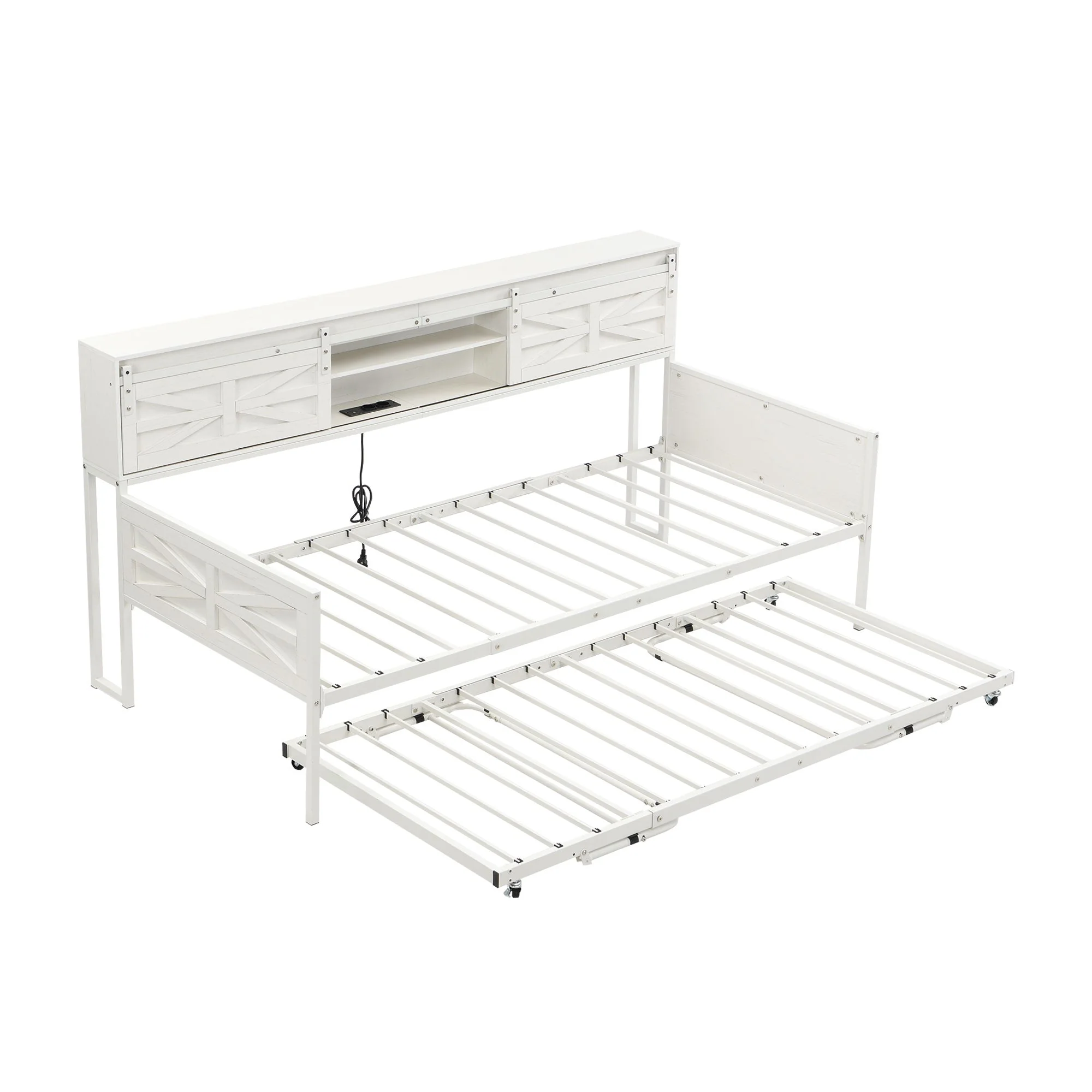 Multifunctional Iron Daybed with Storage Shelves and Pull-out Bed, White/Black Metal - Image 4