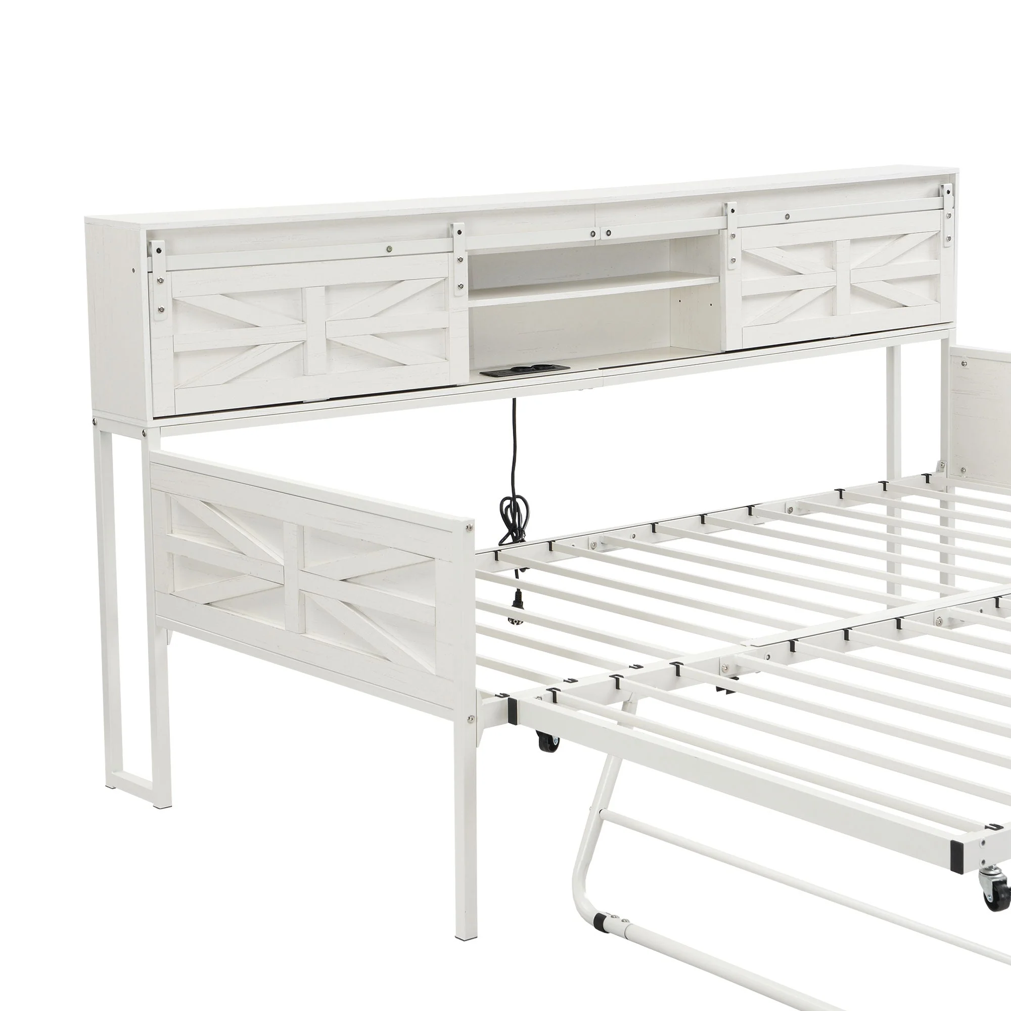 Multifunctional Iron Daybed with Storage Shelves and Pull-out Bed, White/Black Metal - Image 5