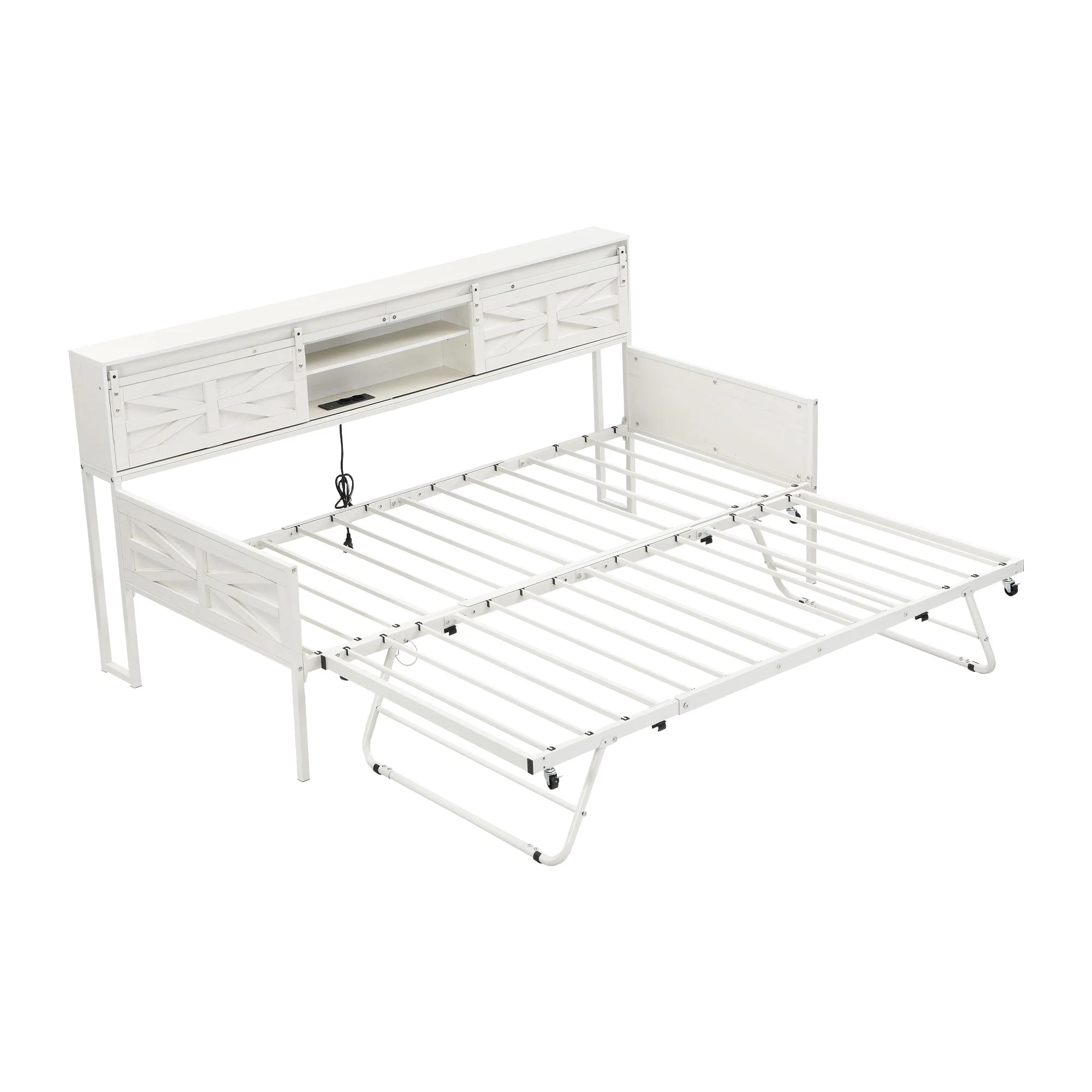 Multifunctional Iron Daybed with Storage Shelves and Pull-out Bed, White/Black Metal - Image 9
