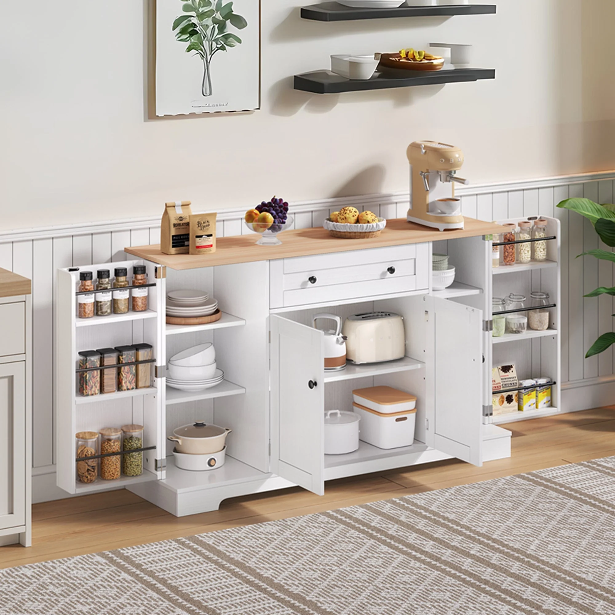 Multifunctional Kitchen Buffet 138cm Drawer Adjustable Shelves - Image 2