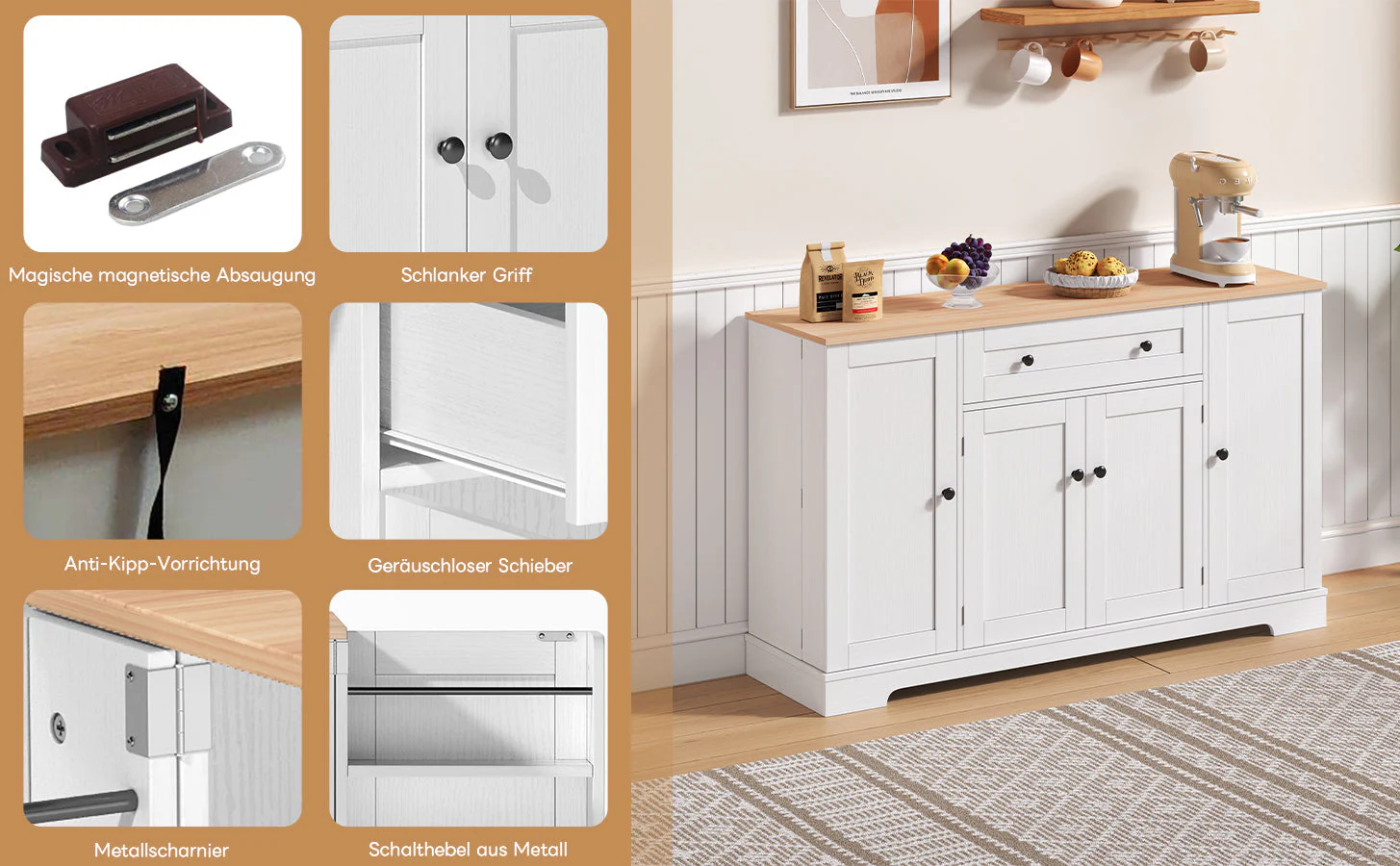 Multifunctional Kitchen Buffet 138cm Drawer Adjustable Shelves - Image 4