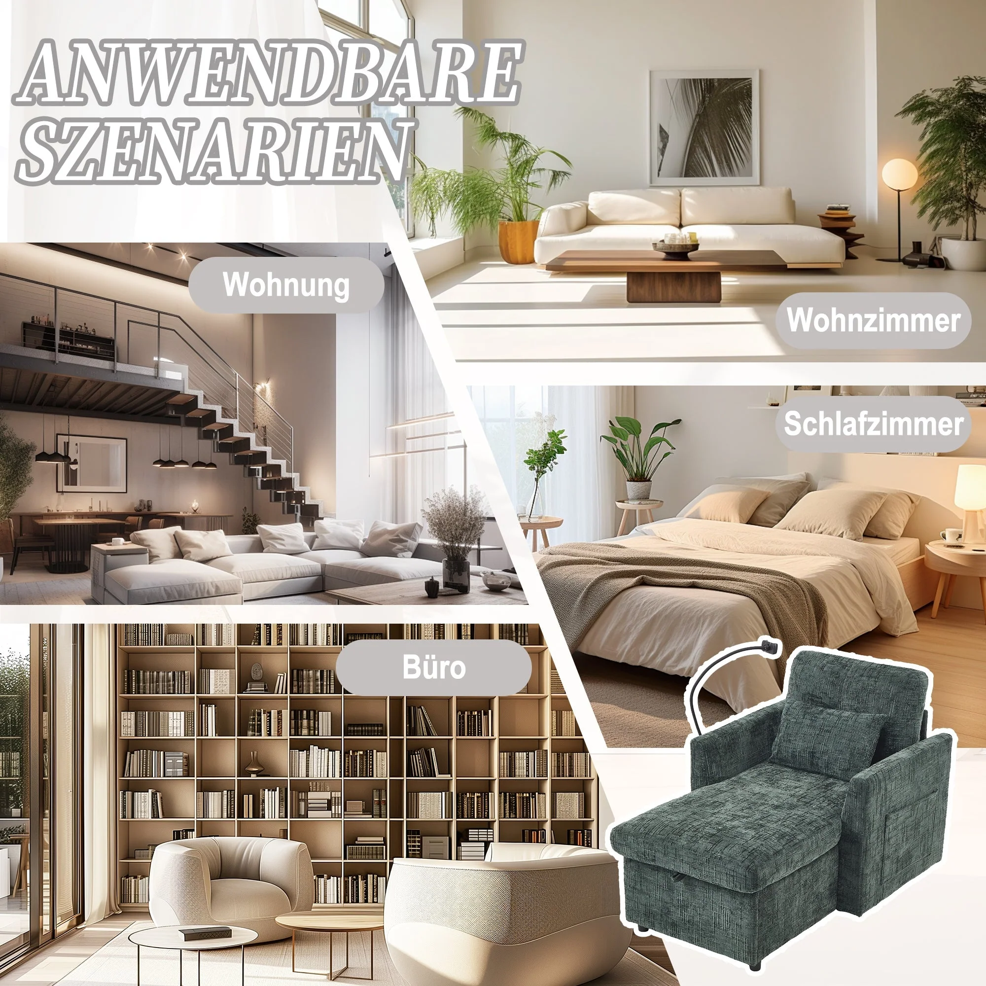Multifunctional Lazy Sofa, Stowable Backrest with Phone Holder, Chenille - Image 2